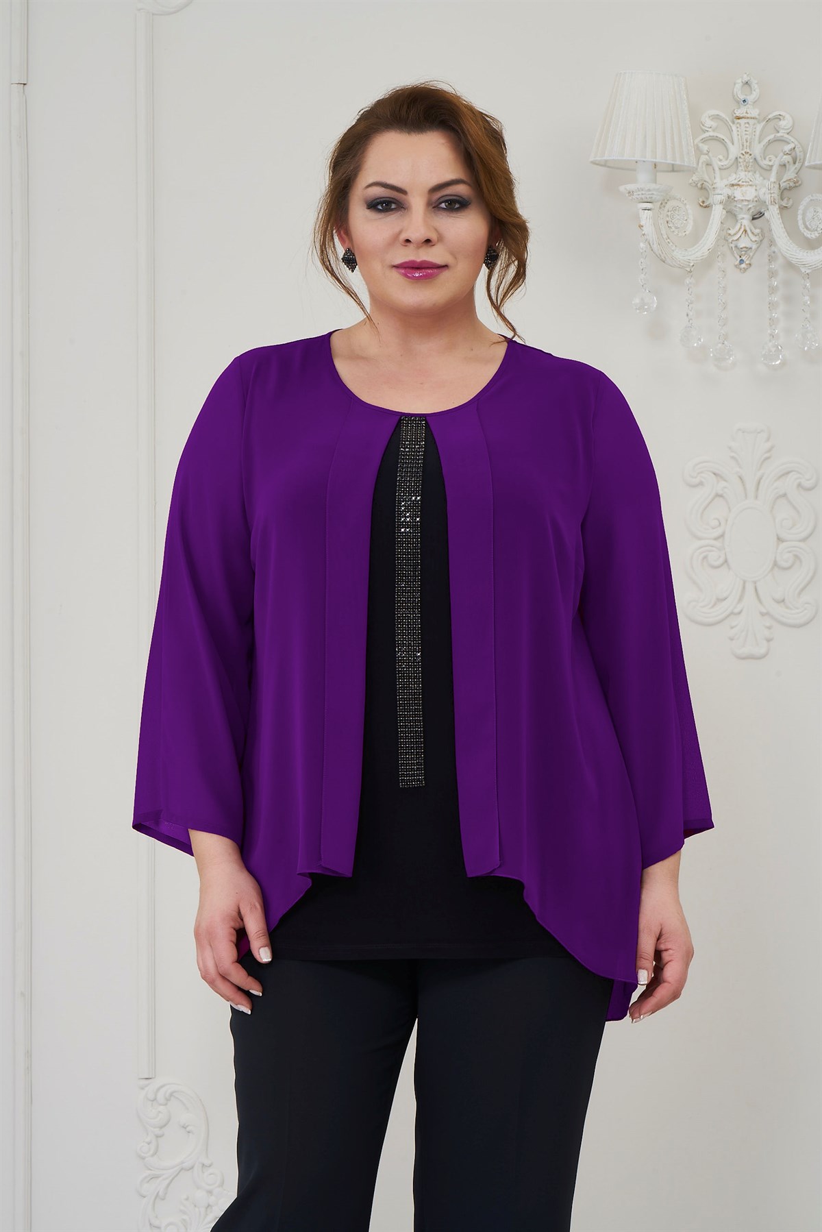 374 BB Su Yolu Taş İşlemeli İkili Şifon Bluz