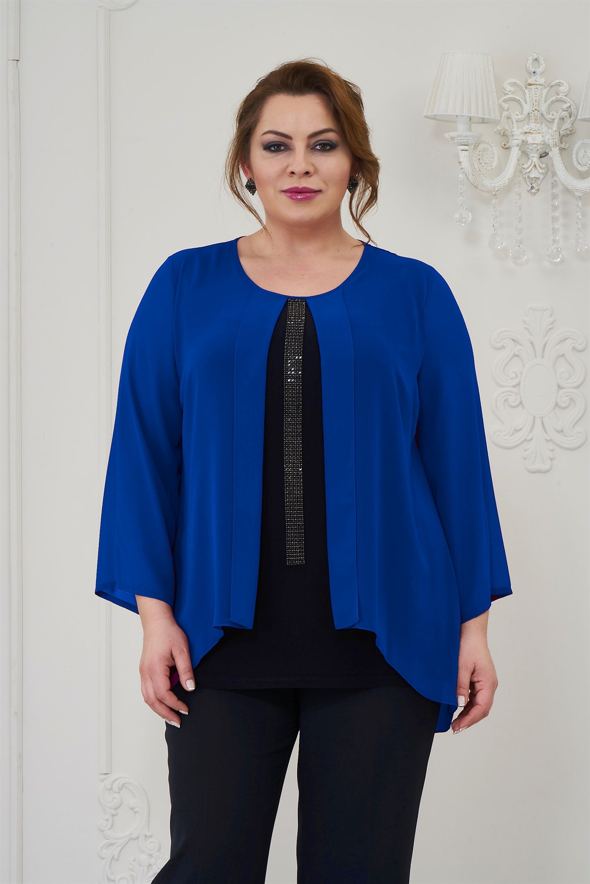 374 BB Su Yolu Taş İşlemeli İkili Şifon Bluz