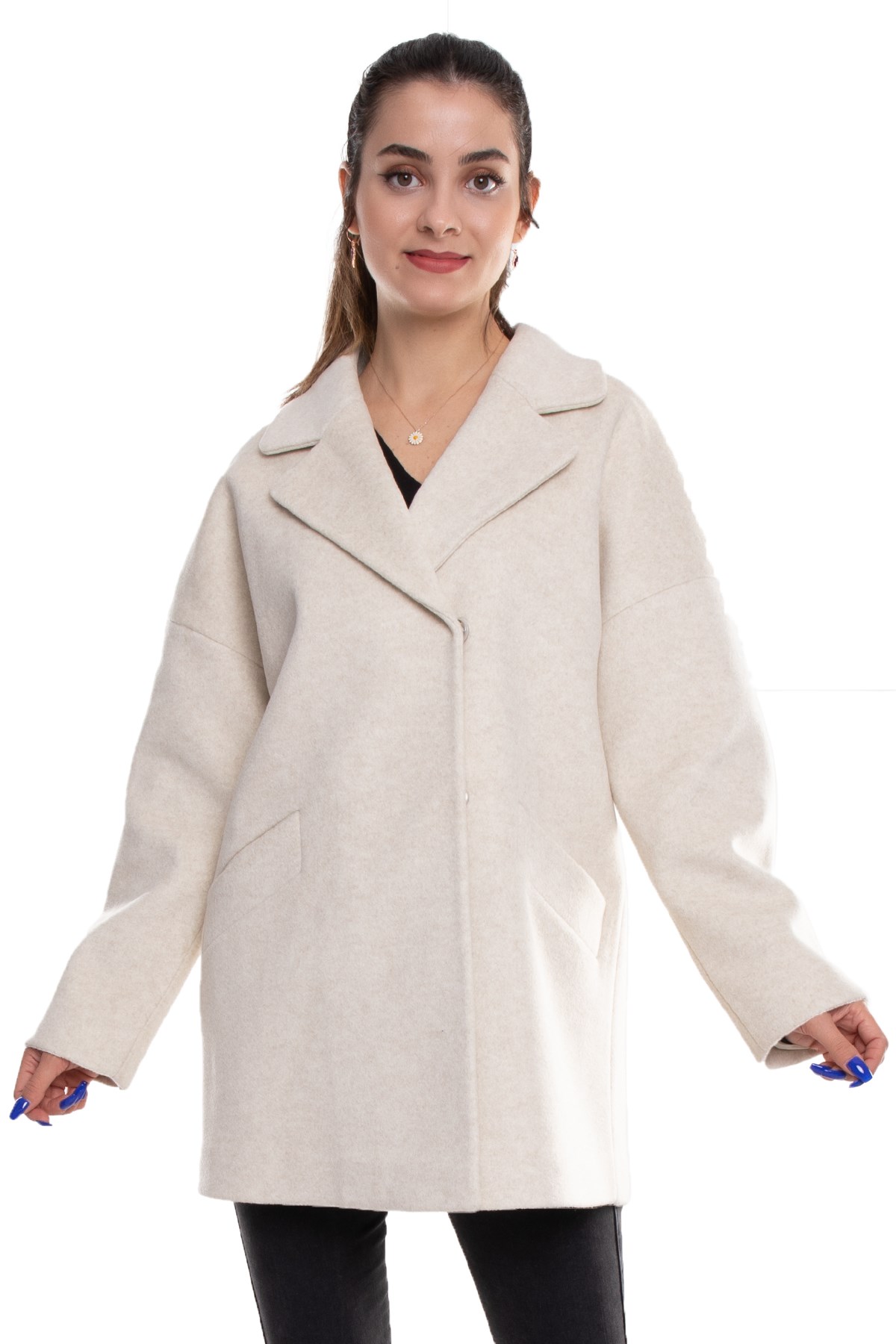 3749 Kasha Oversize Erkek Yaka Çıtçıtlı Kadın Kısa Kaban