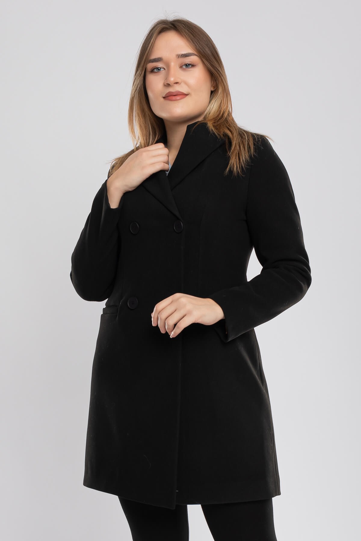 3769 Büyük Beden P.M Düğmeli Erkek Yaka Kadın Kaşe Kaban