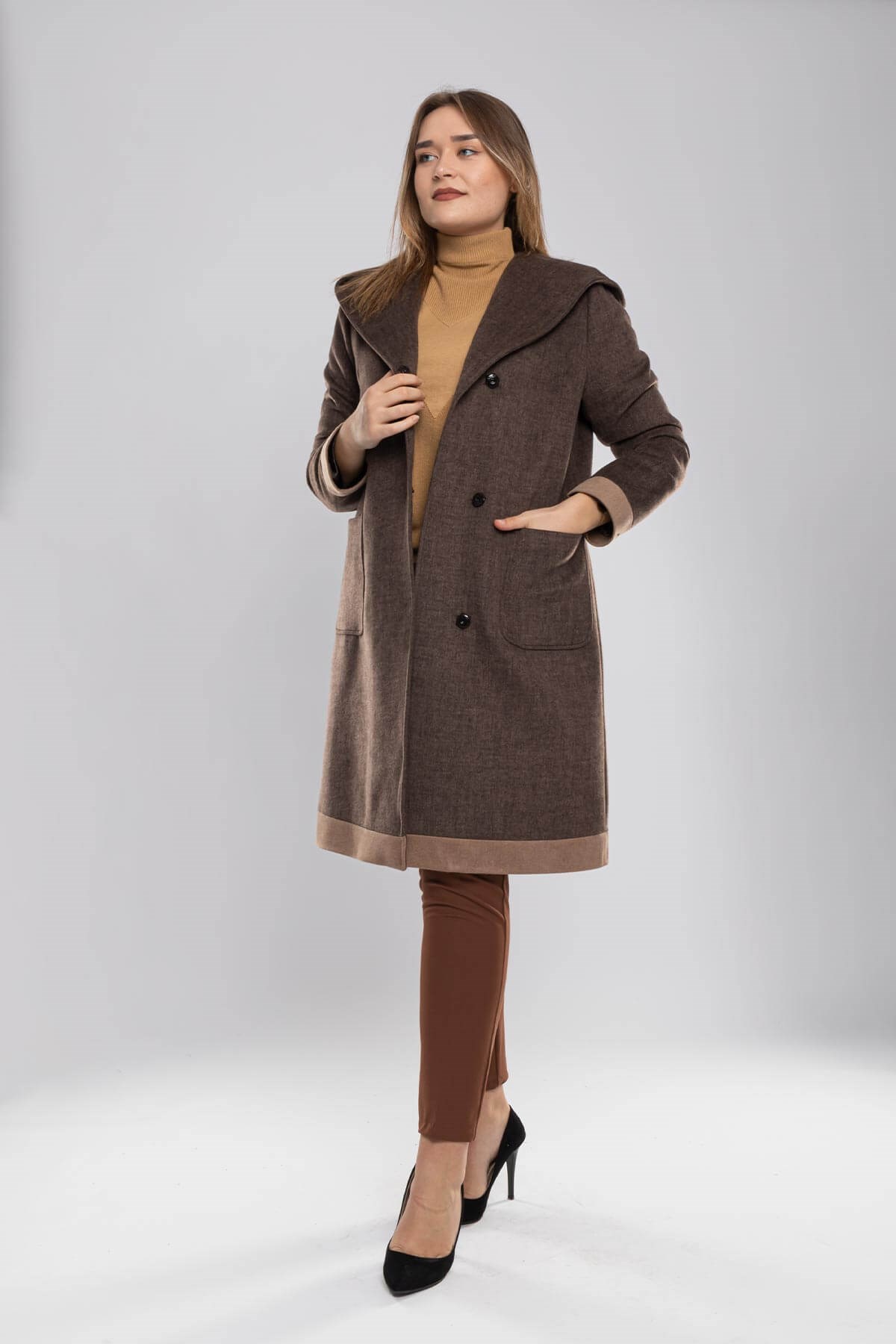 3792-K Büyük Beden Heildfeld Kapşonlu Yünlü Kadın Kaşmir Kaban