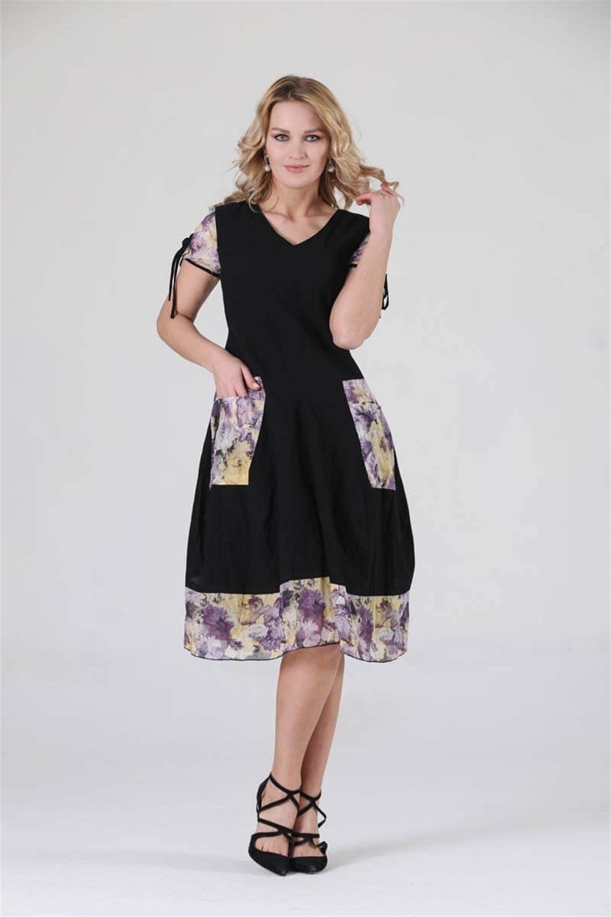 3796 BB Kısa Kollu Cep Yamalı Desenli Pamuklu Otantik Elbise