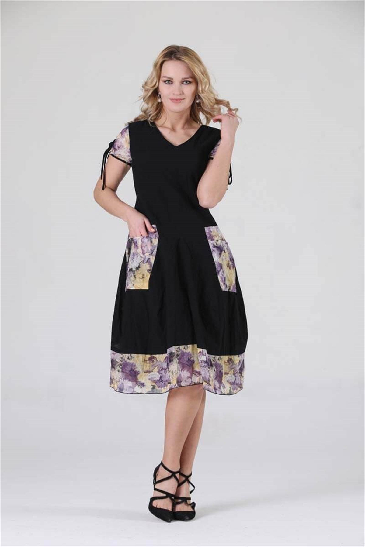 3796 BB Kısa Kollu Cep Yamalı Desenli Pamuklu Otantik Elbise