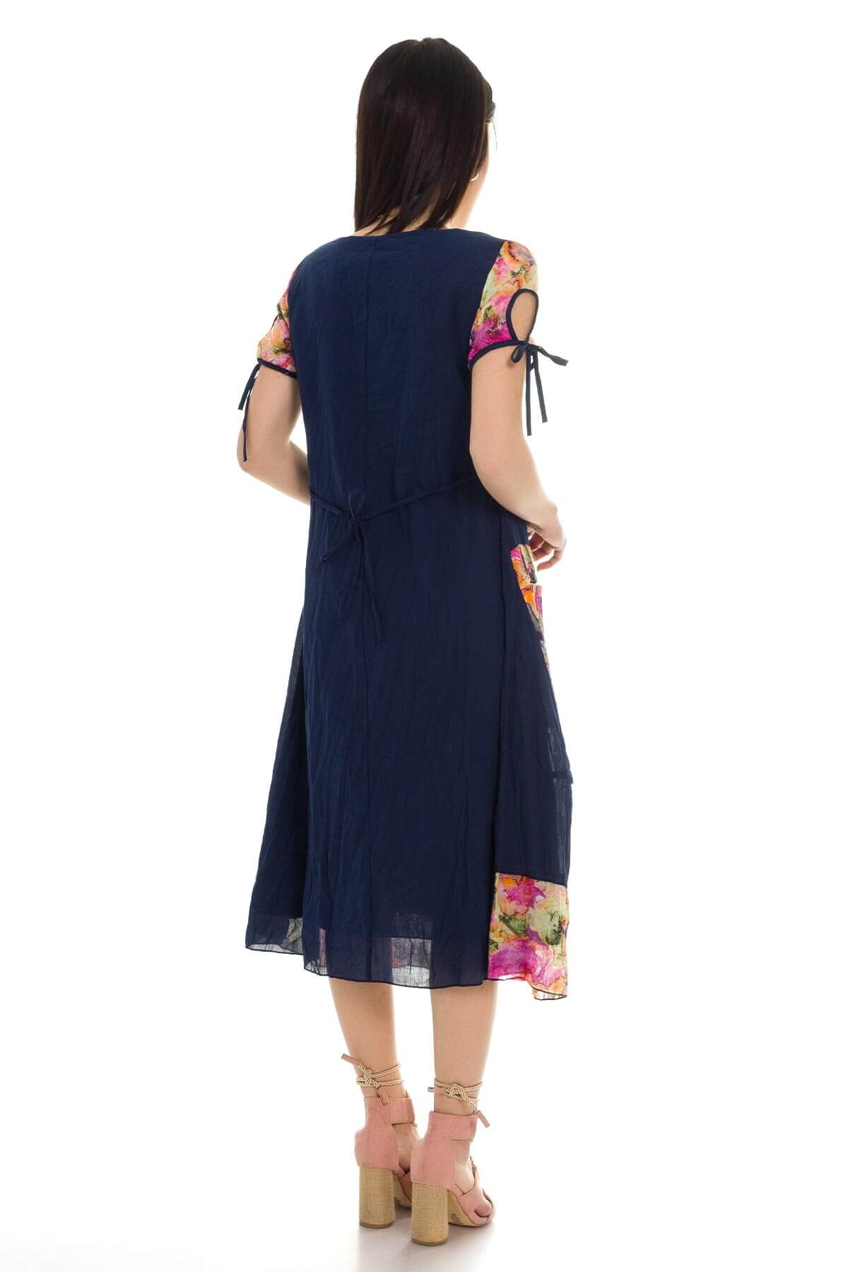 3796 BB Kısa Kollu Cep Yamalı Desenli Pamuklu Otantik Elbise