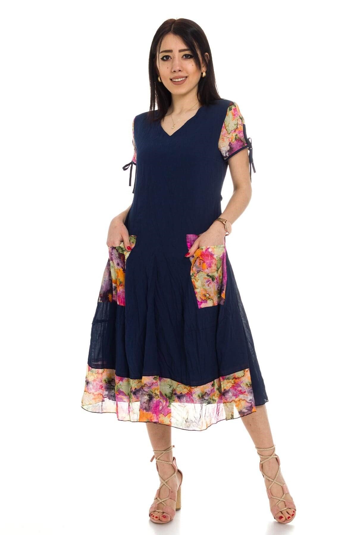 3796 BB Kısa Kollu Cep Yamalı Desenli Pamuklu Otantik Elbise