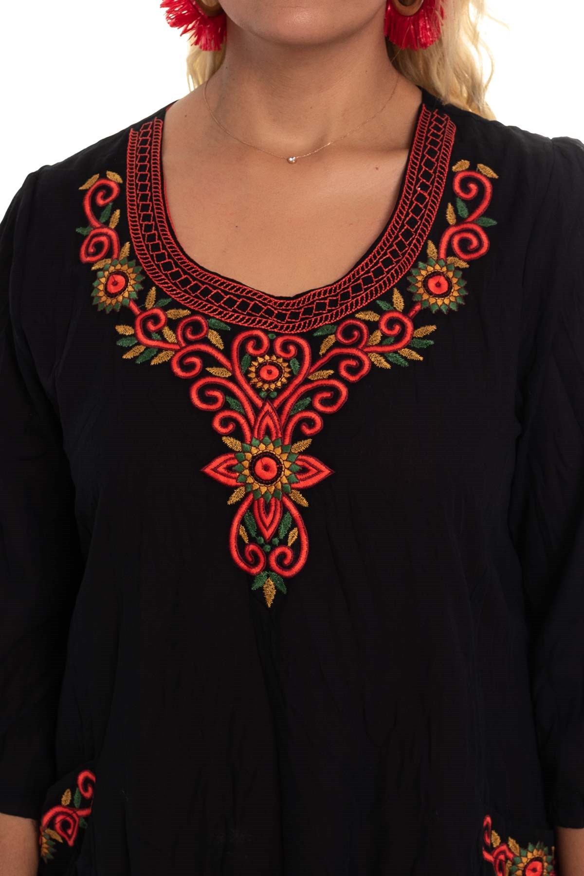 3814 Önü Nakışlı Truv.Kol Cepli Pamuk Otantik Elbise