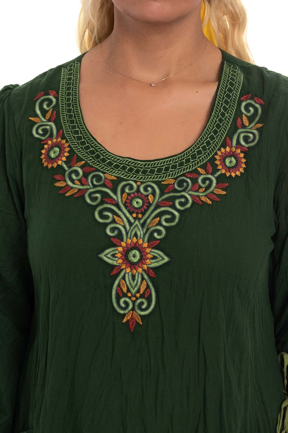 3814 Önü Nakışlı Truv.Kol Cepli Pamuk Otantik Elbise