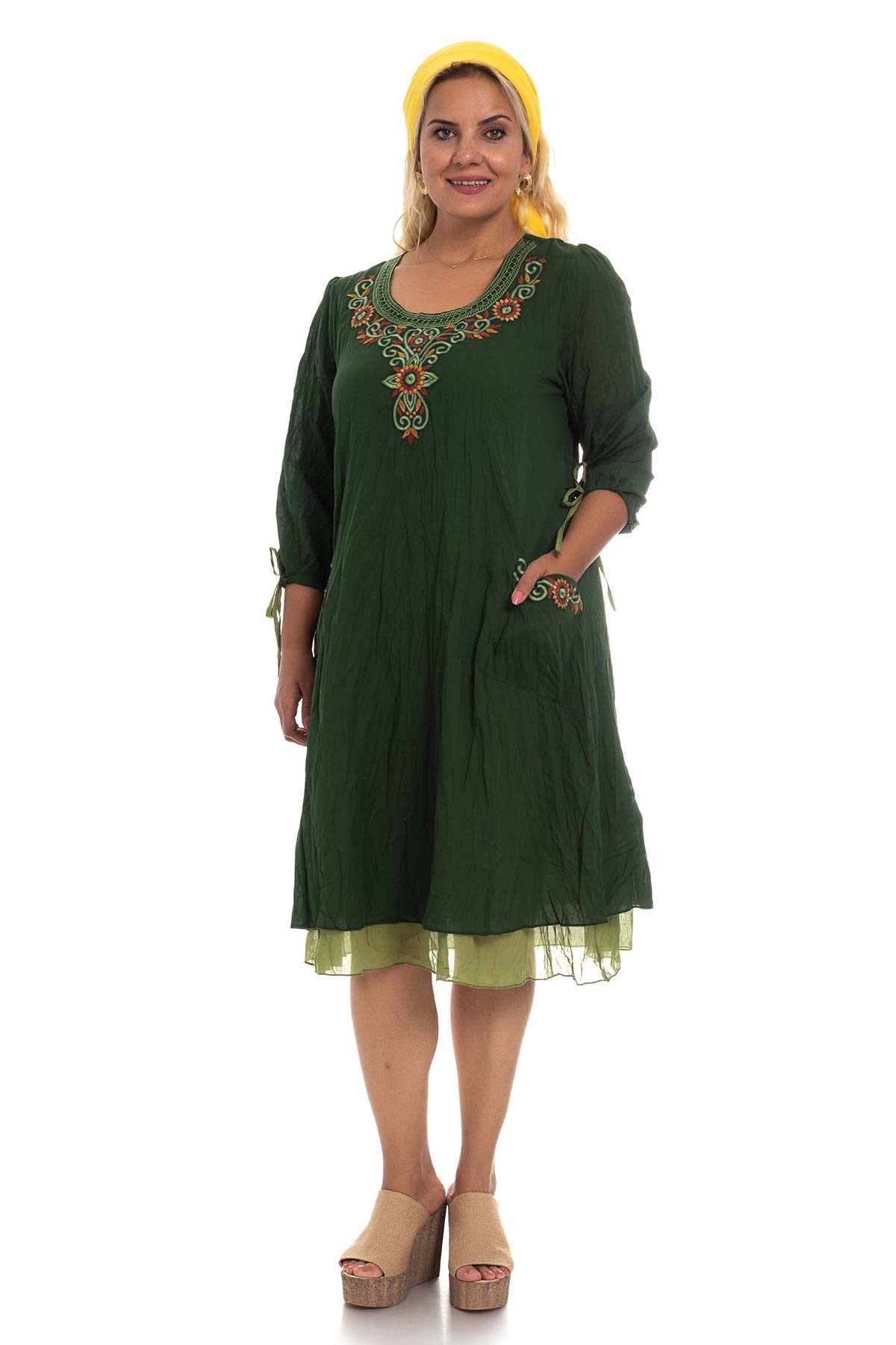 3814 Önü Nakışlı Truv.Kol Cepli Pamuk Otantik Elbise