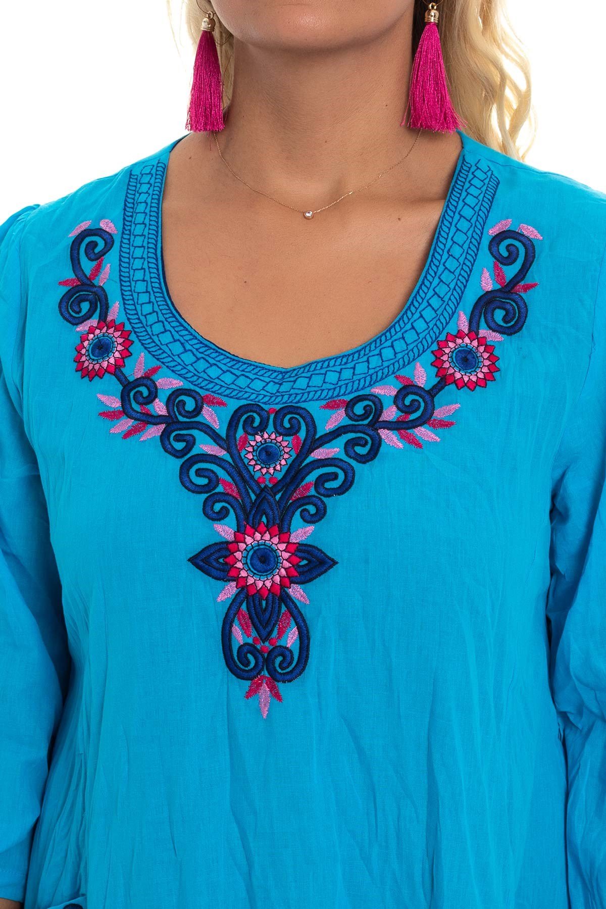 3814 Önü Nakışlı Truv.Kol Cepli Pamuk Otantik Elbise