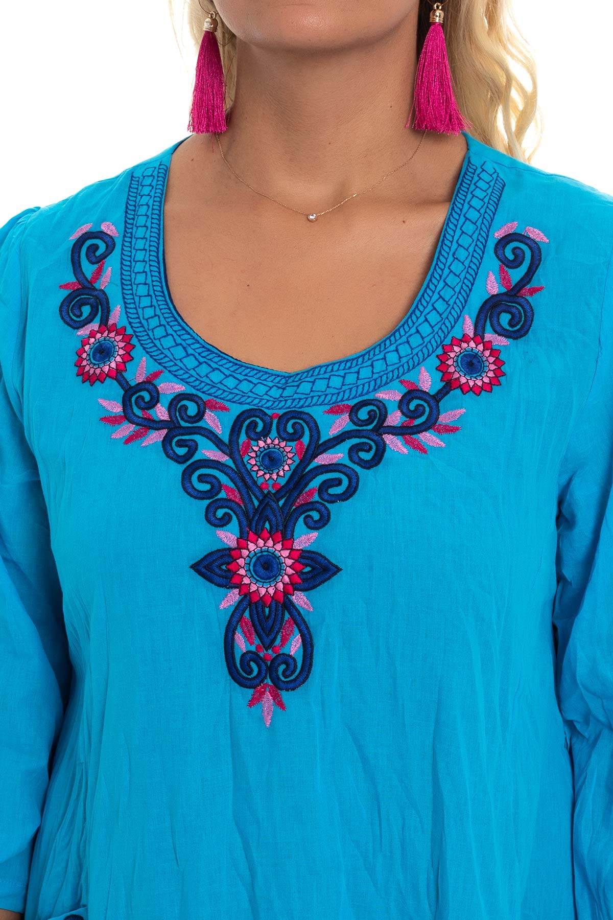 3814 Önü Nakışlı Truv.Kol Cepli Pamuk Otantik Elbise