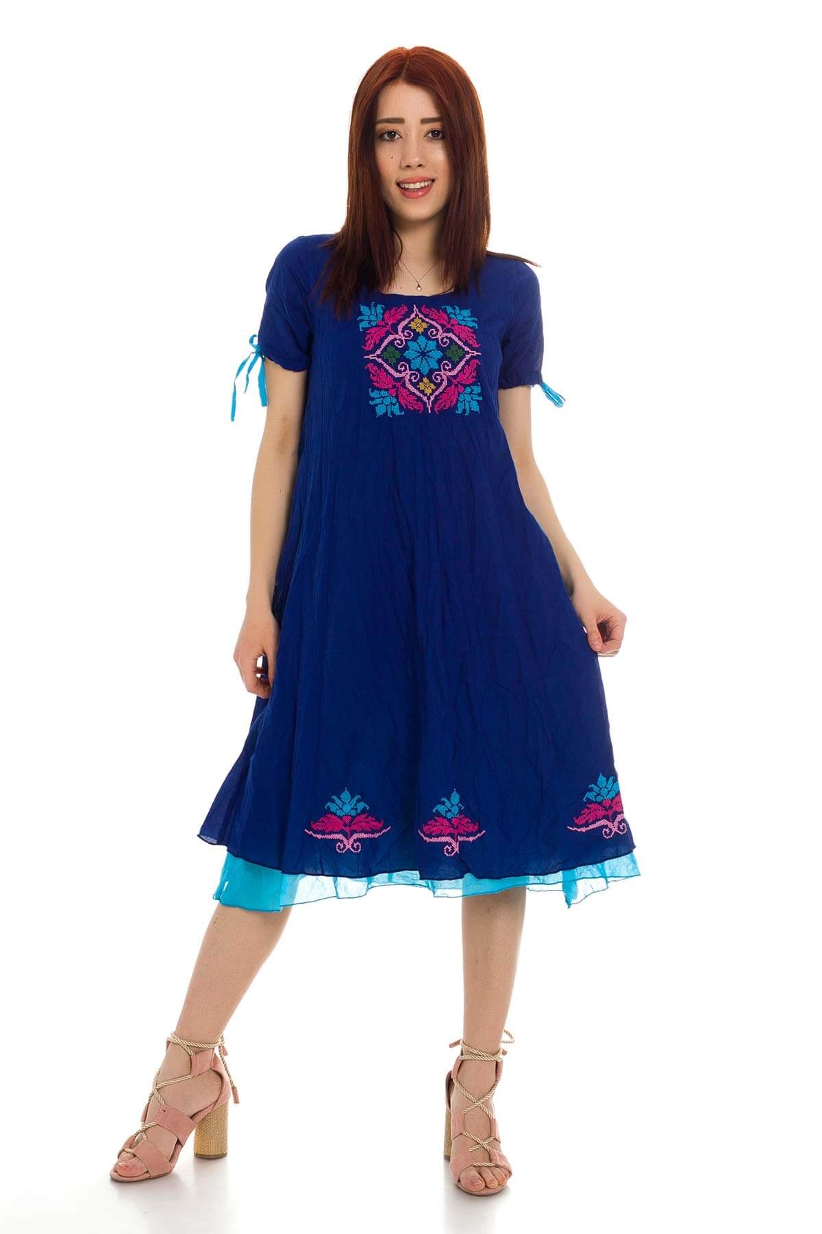 3831 BB Yaka ve Eteği Kanaviçe İşli İpli Pamuk Otantik Elbise