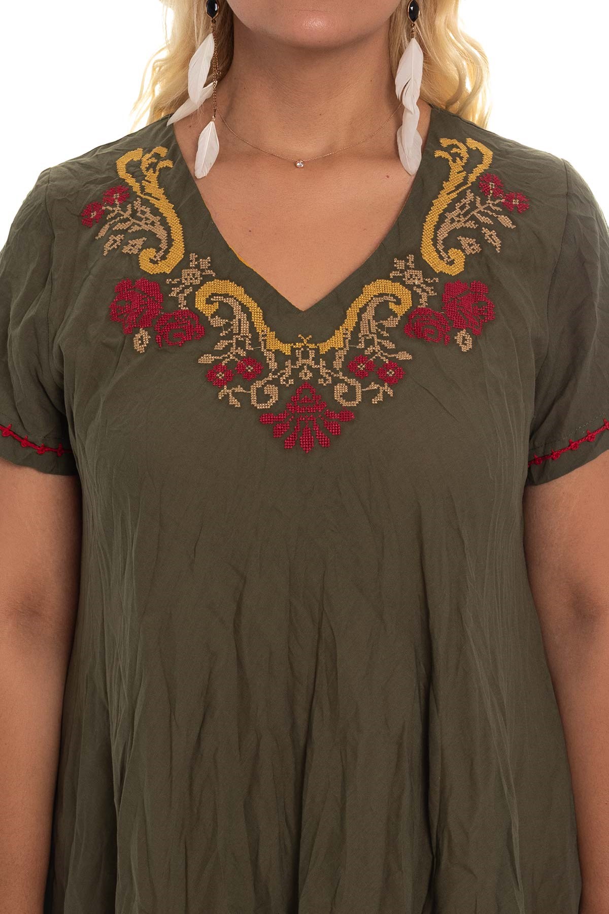 3832 Yaka Kanaviçe İşlemeli Pamuk Otantik Elbise