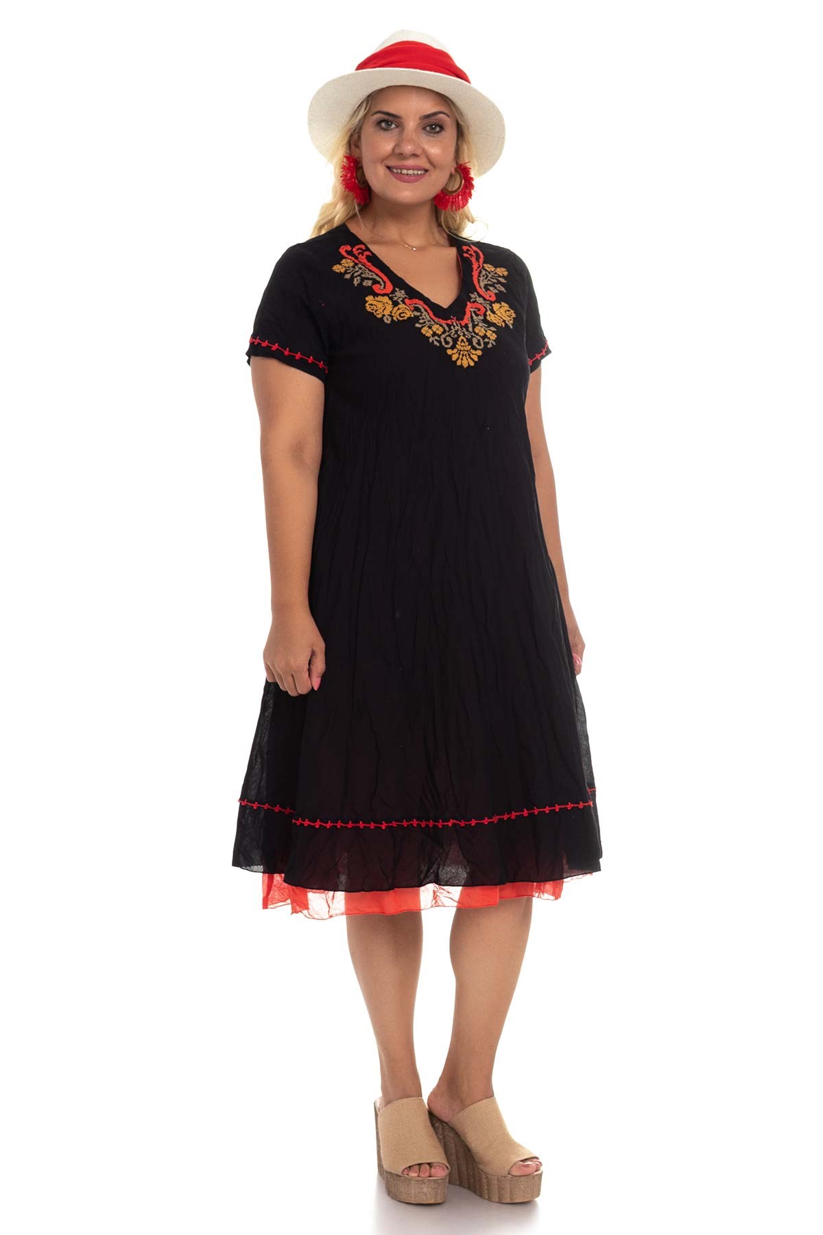 3832 Yaka Kanaviçe İşlemeli Pamuk Otantik Elbise