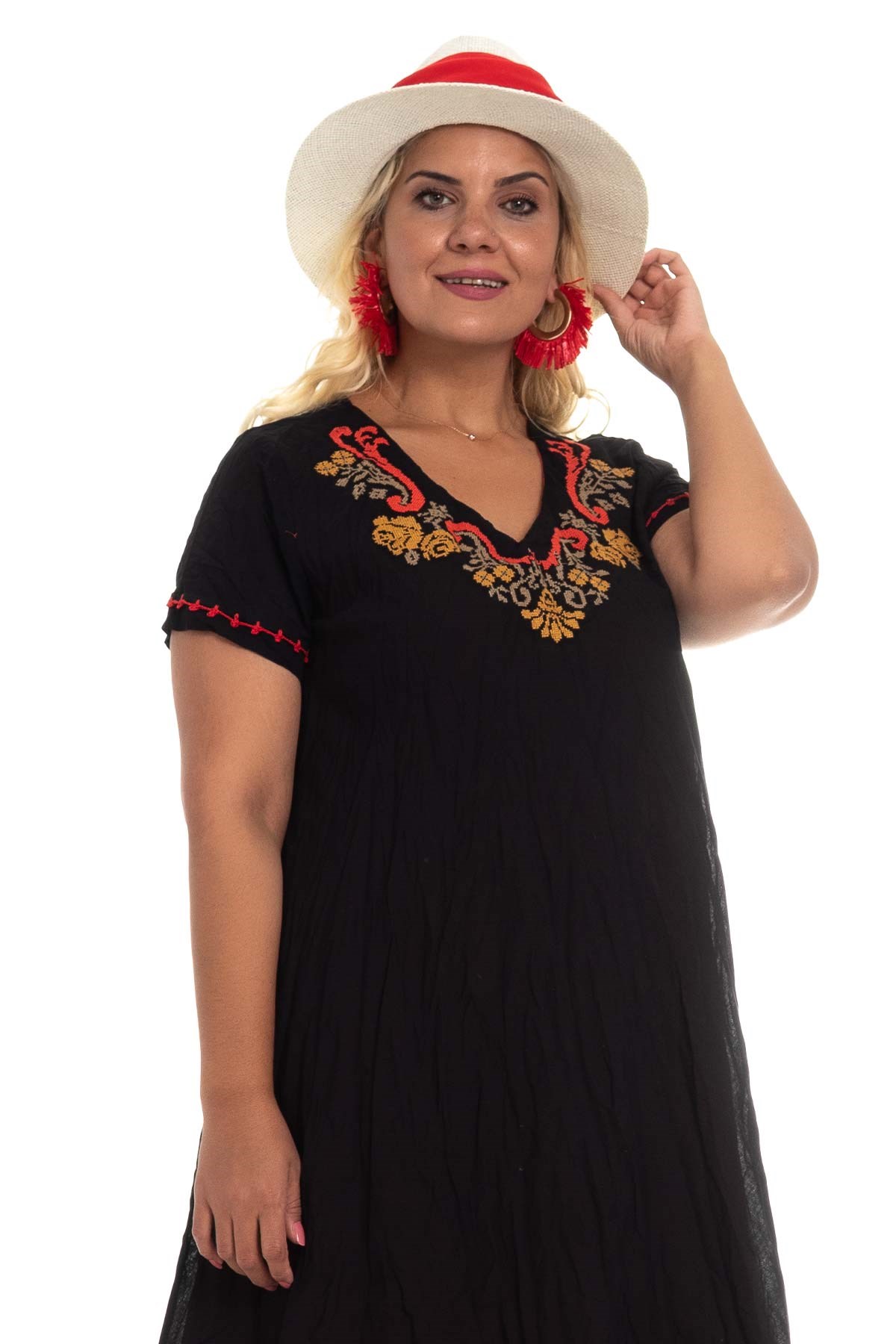 3832 Yaka Kanaviçe İşlemeli Pamuk Otantik Elbise