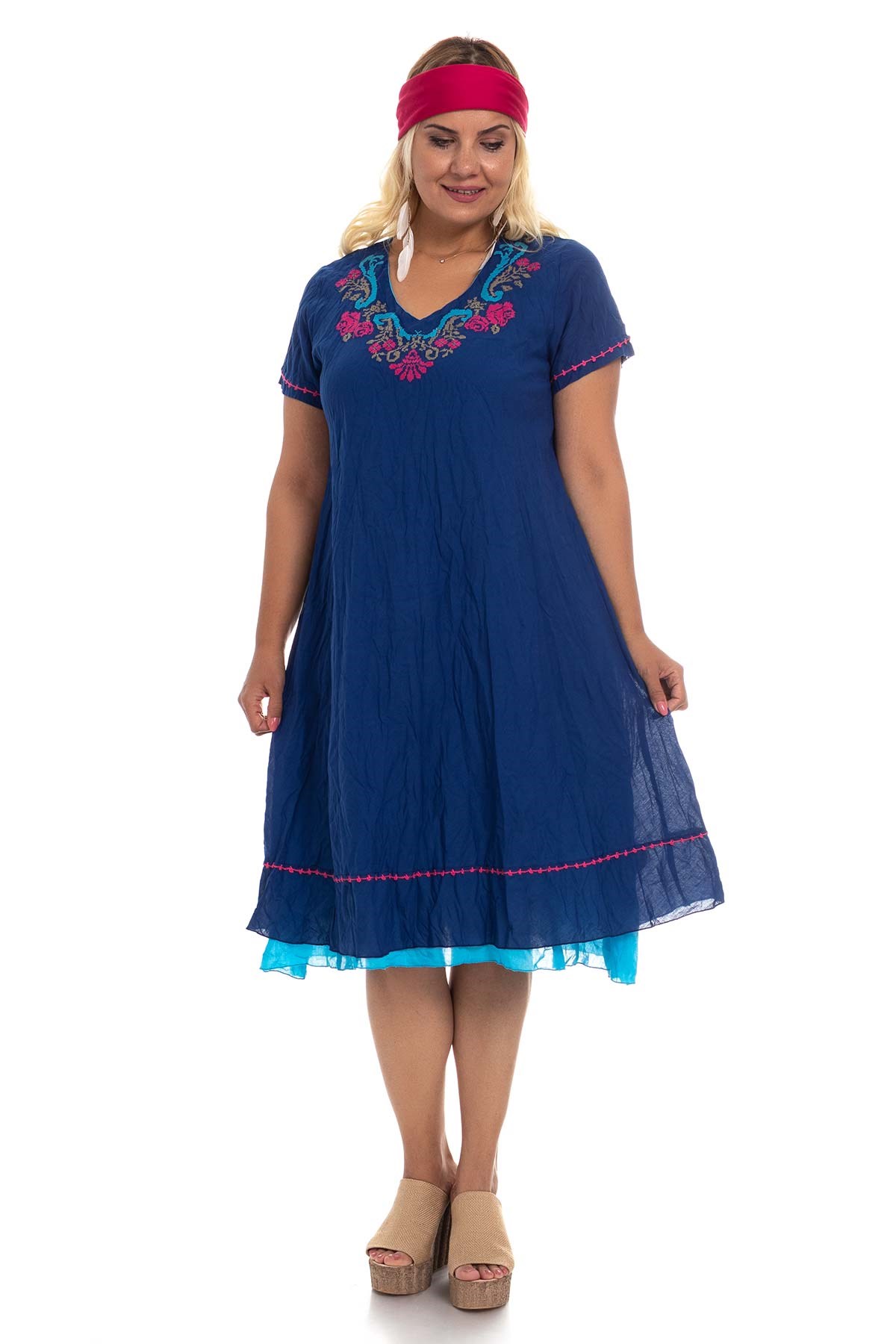 3832 Yaka Kanaviçe İşlemeli Pamuk Otantik Elbise