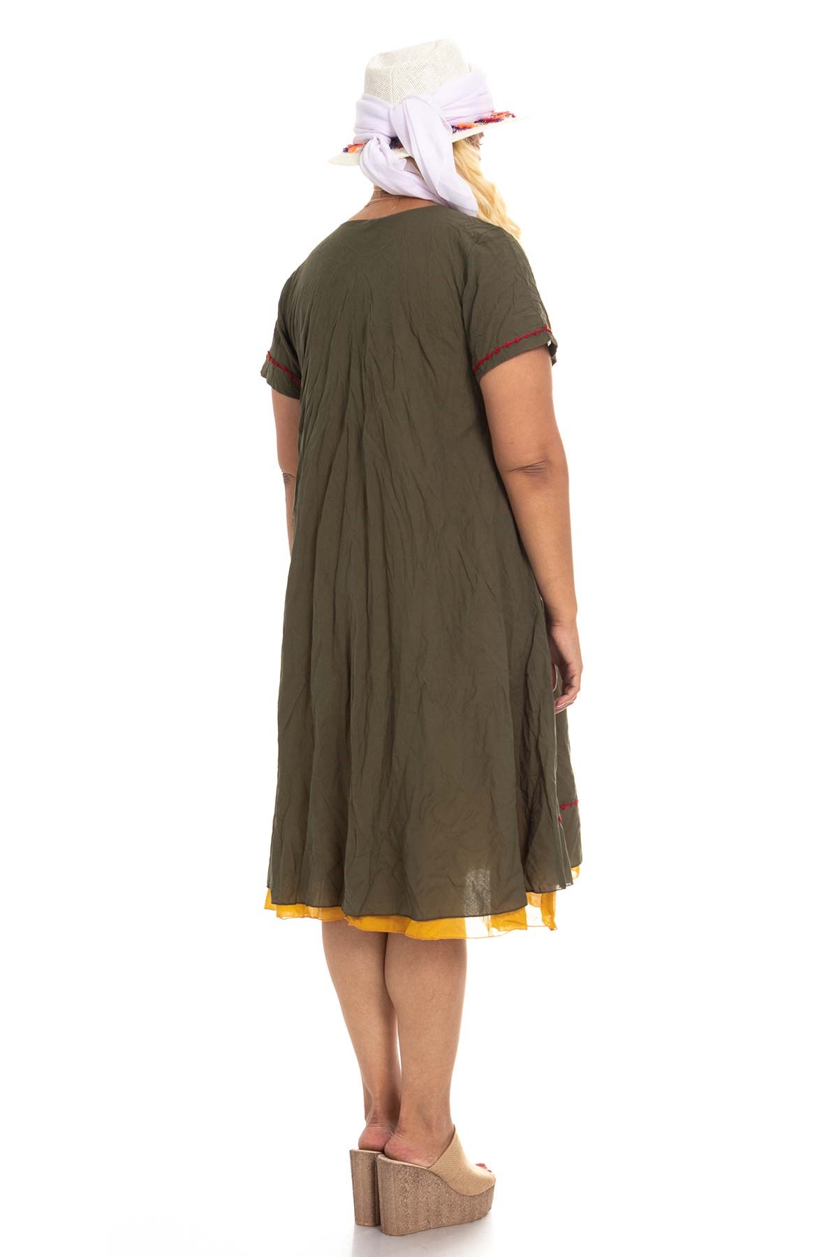 3832 Yaka Kanaviçe İşlemeli Pamuk Otantik Elbise