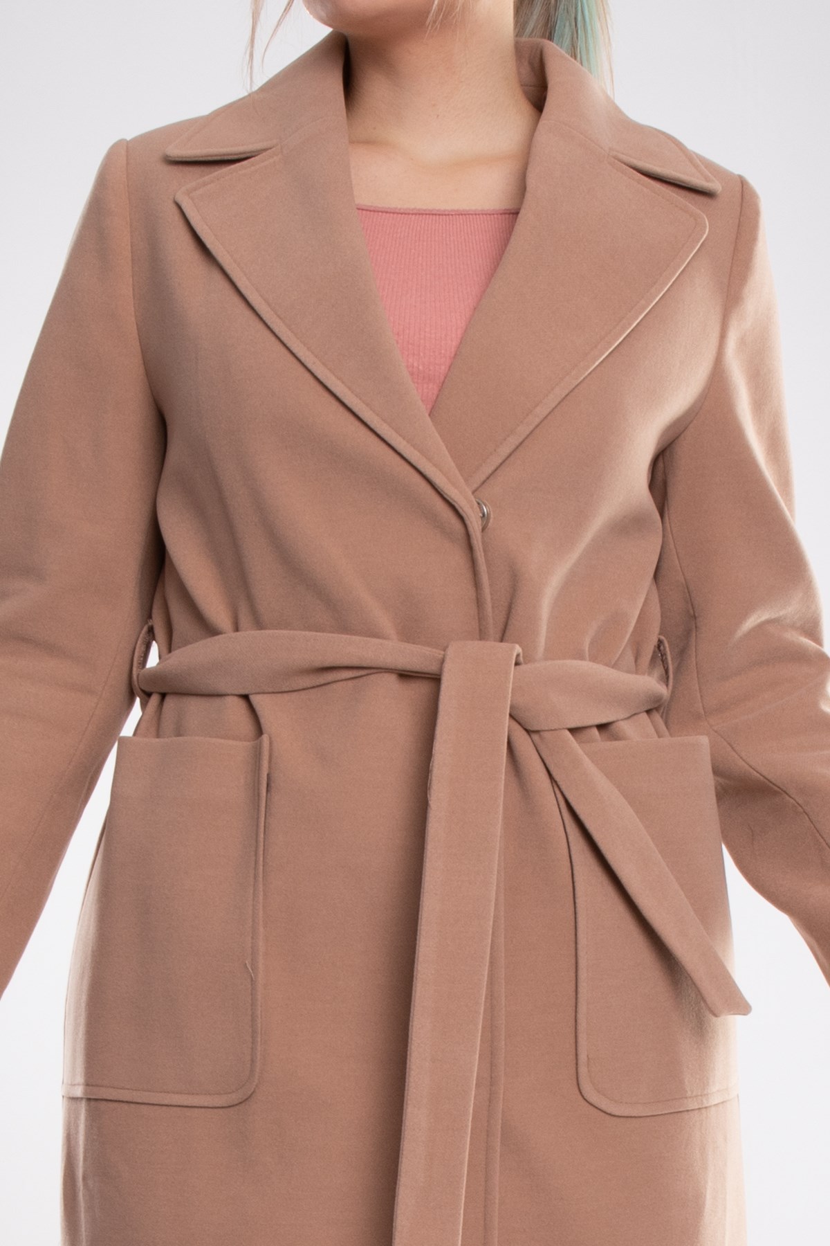 3842 Büyük Beden Pm Çıtçıtlı Cepli Erkek Yaka Kuşaklı Uzun Kadın Kaşe Kaban