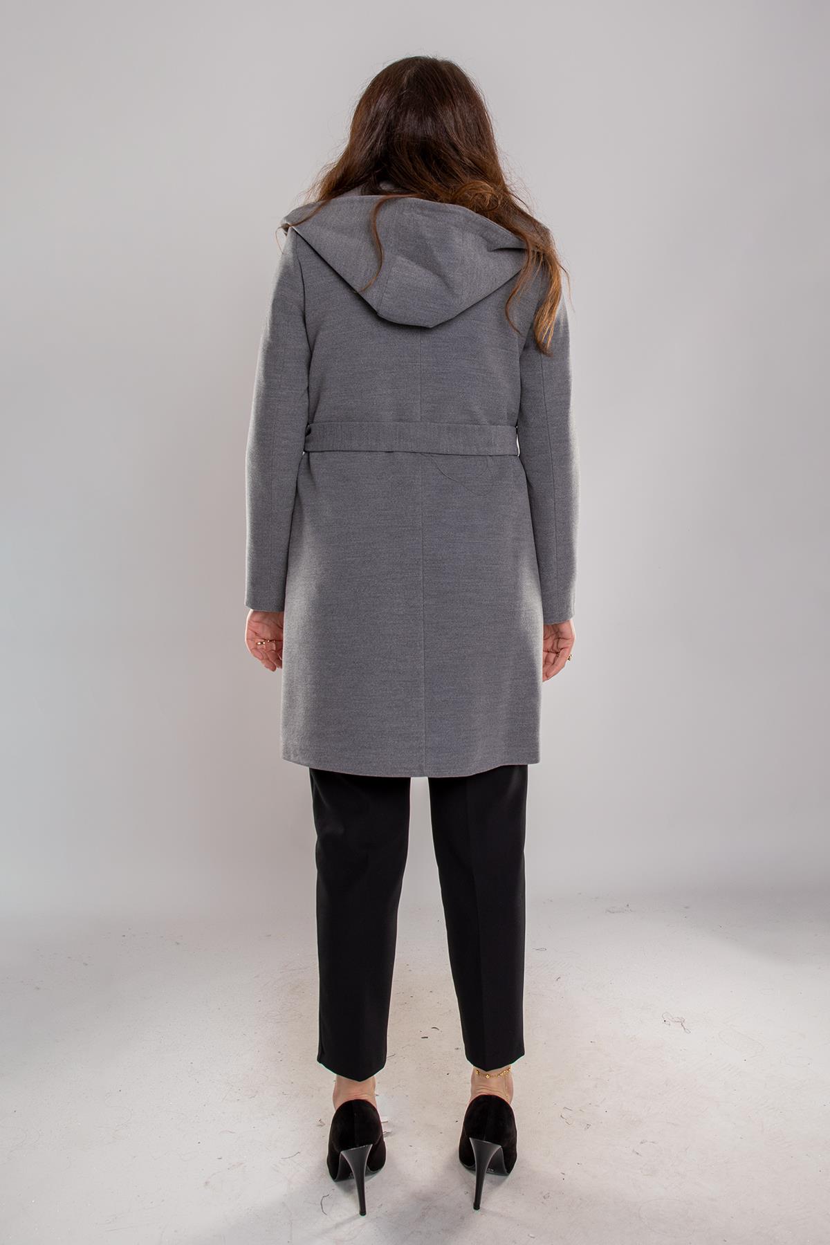 3844 P.M. Şalyaka Kapüşonlu Kuşaklı Midiboy Kadın Kaşe Kaban