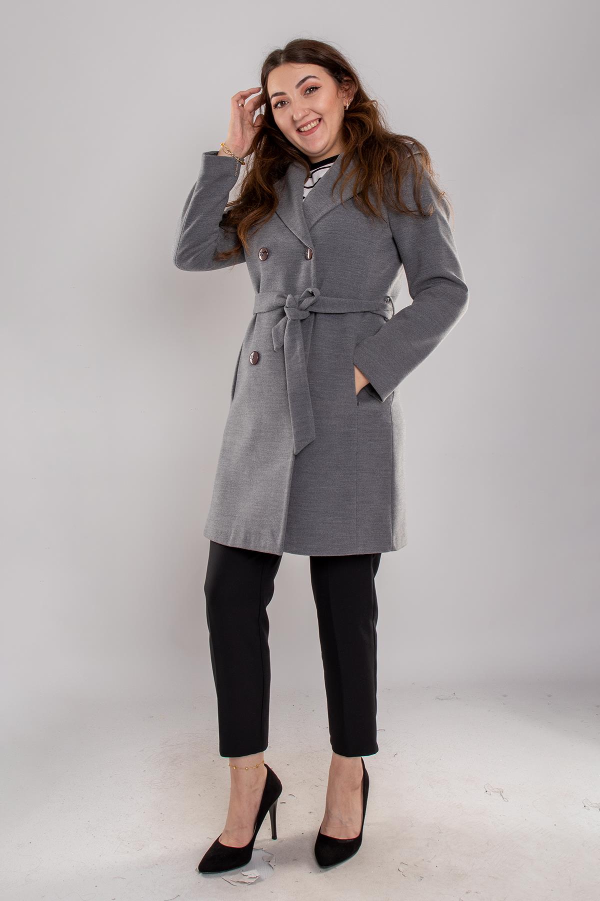 3844 P.M. Şalyaka Kapüşonlu Kuşaklı Midiboy Kadın Kaşe Kaban