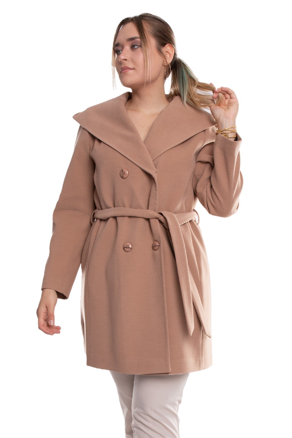 3844 P.M. Şalyaka Kapüşonlu Kuşaklı Midiboy Kadın Kaşe Kaban