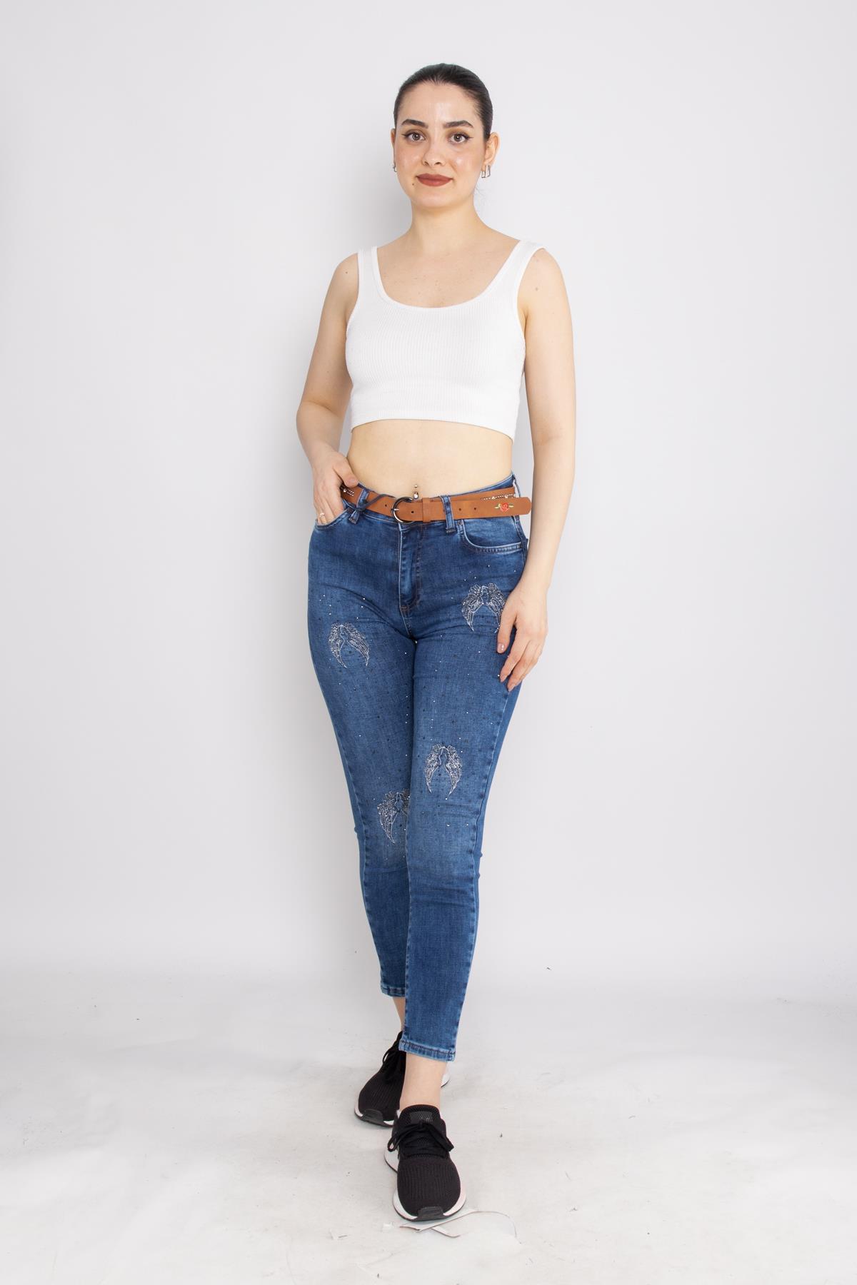 385 Linda Kanat Nakış Serpme Taşlı Kadın Kot Pantolon