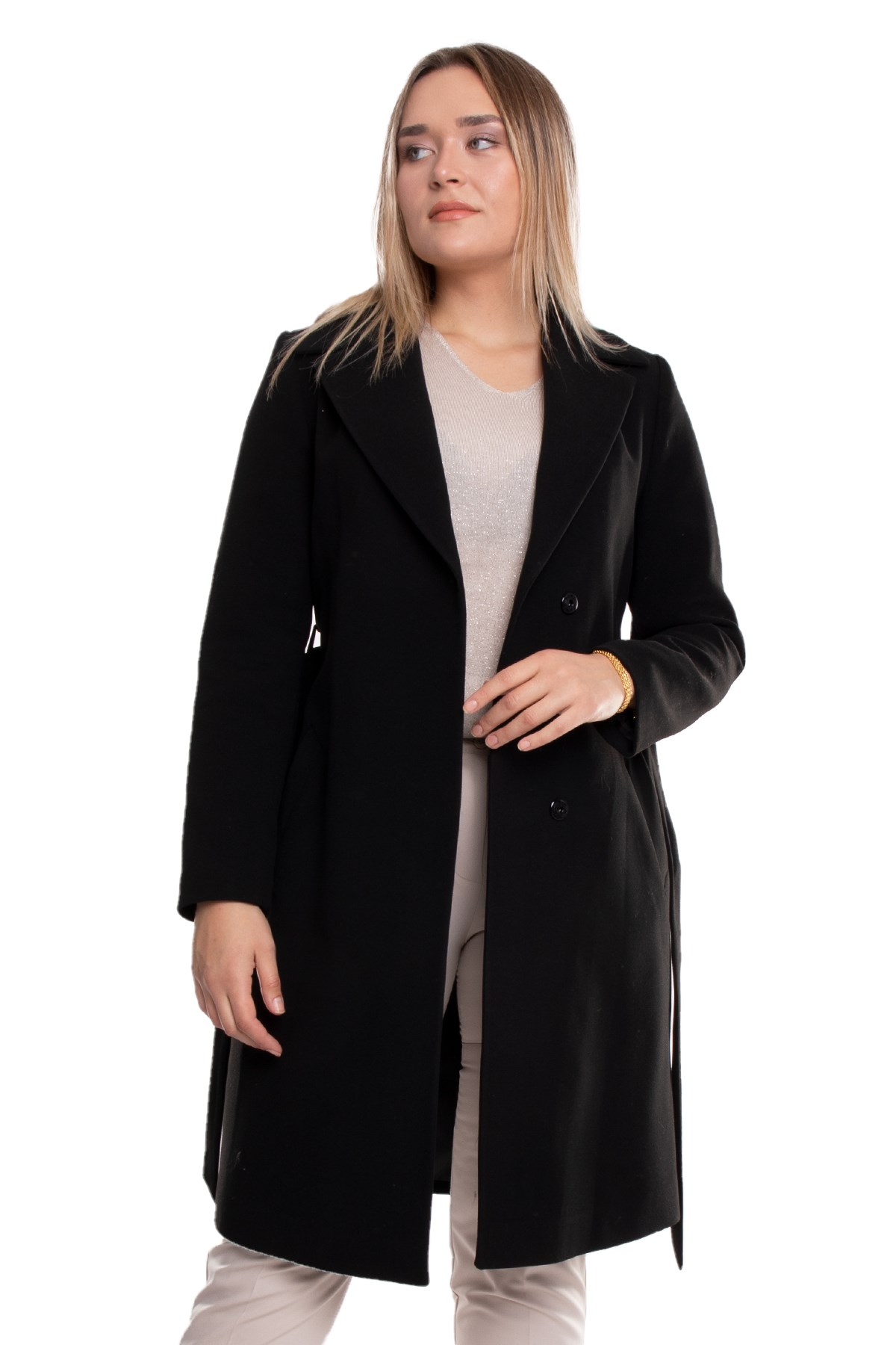 3854 Büyük Beden P.M.Erkek Yaka Kuşaklı Kadın Uzun Kaşe Kaban