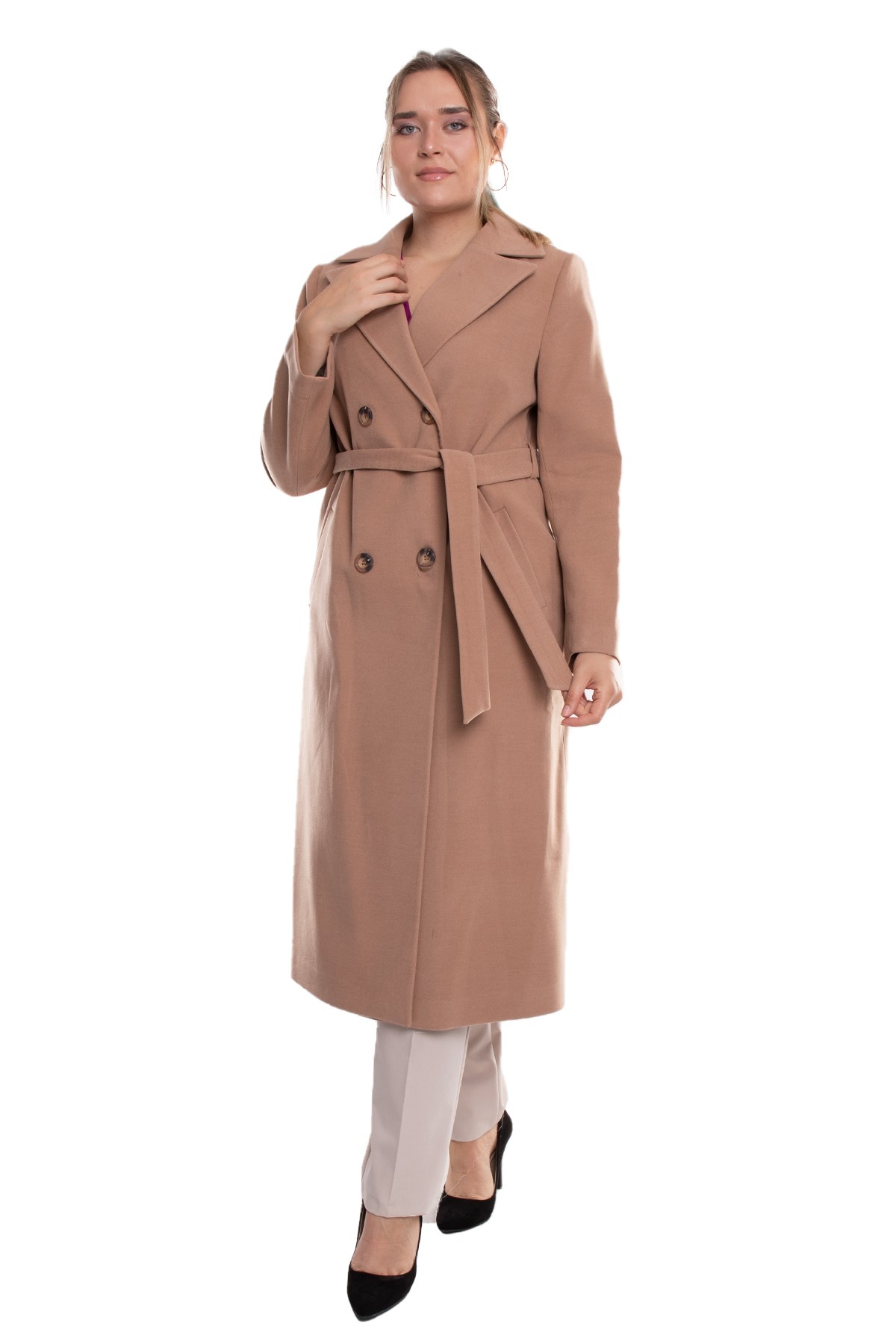 3854 Büyük Beden P.M.Erkek Yaka Kuşaklı Kadın Uzun Kaşe Kaban