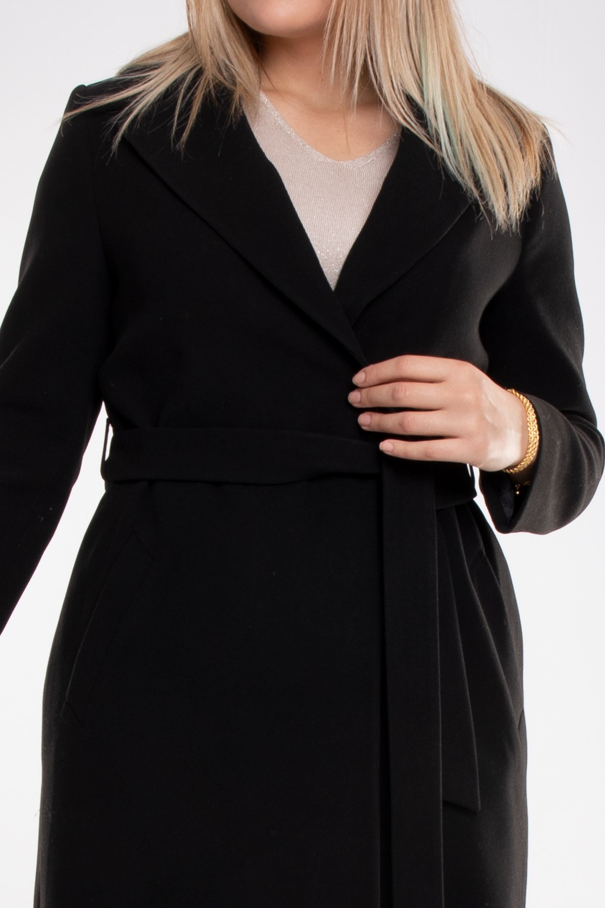 3854 Büyük Beden P.M.Erkek Yaka Kuşaklı Kadın Uzun Kaşe Kaban