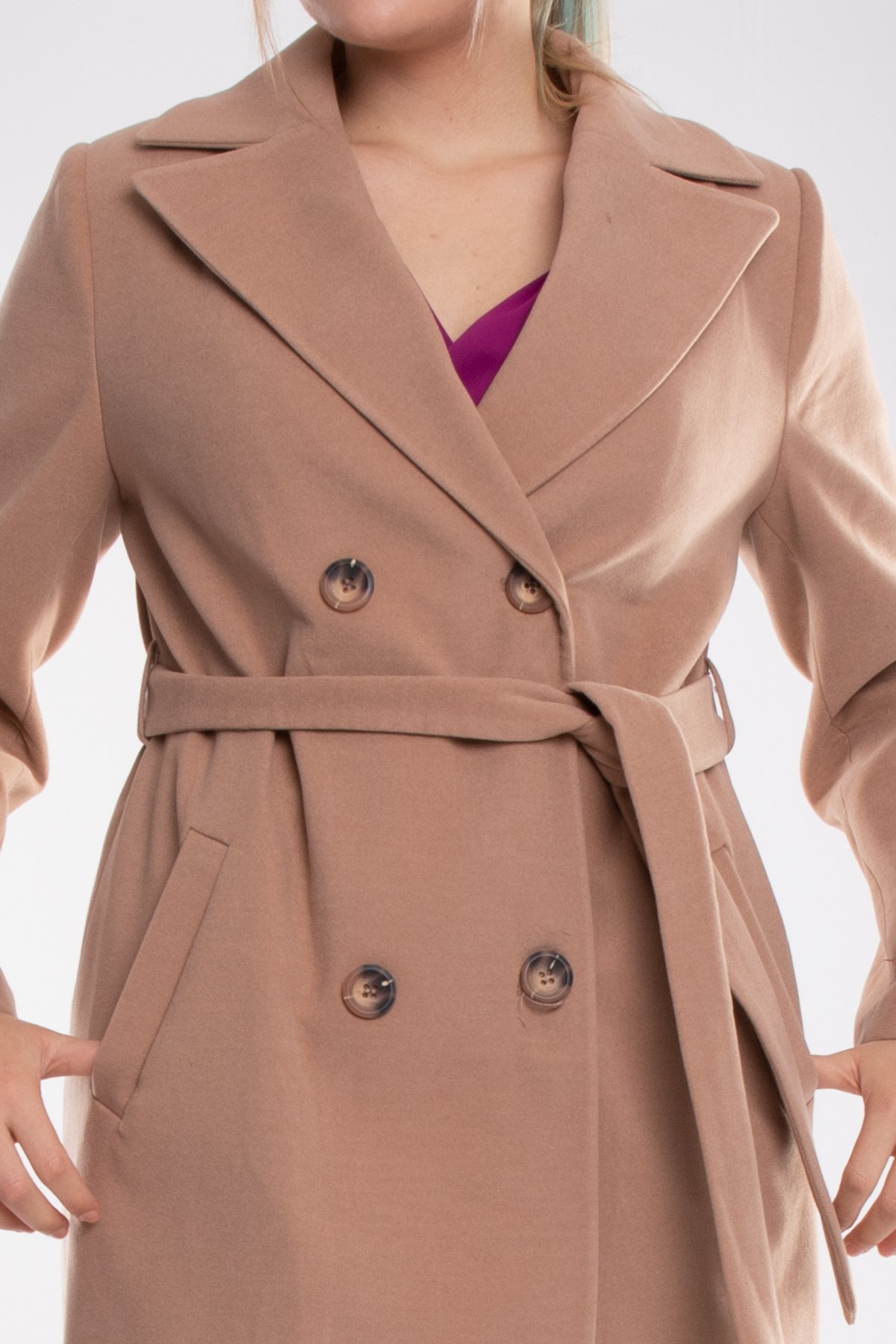 3854 Büyük Beden P.M.Erkek Yaka Kuşaklı Kadın Uzun Kaşe Kaban