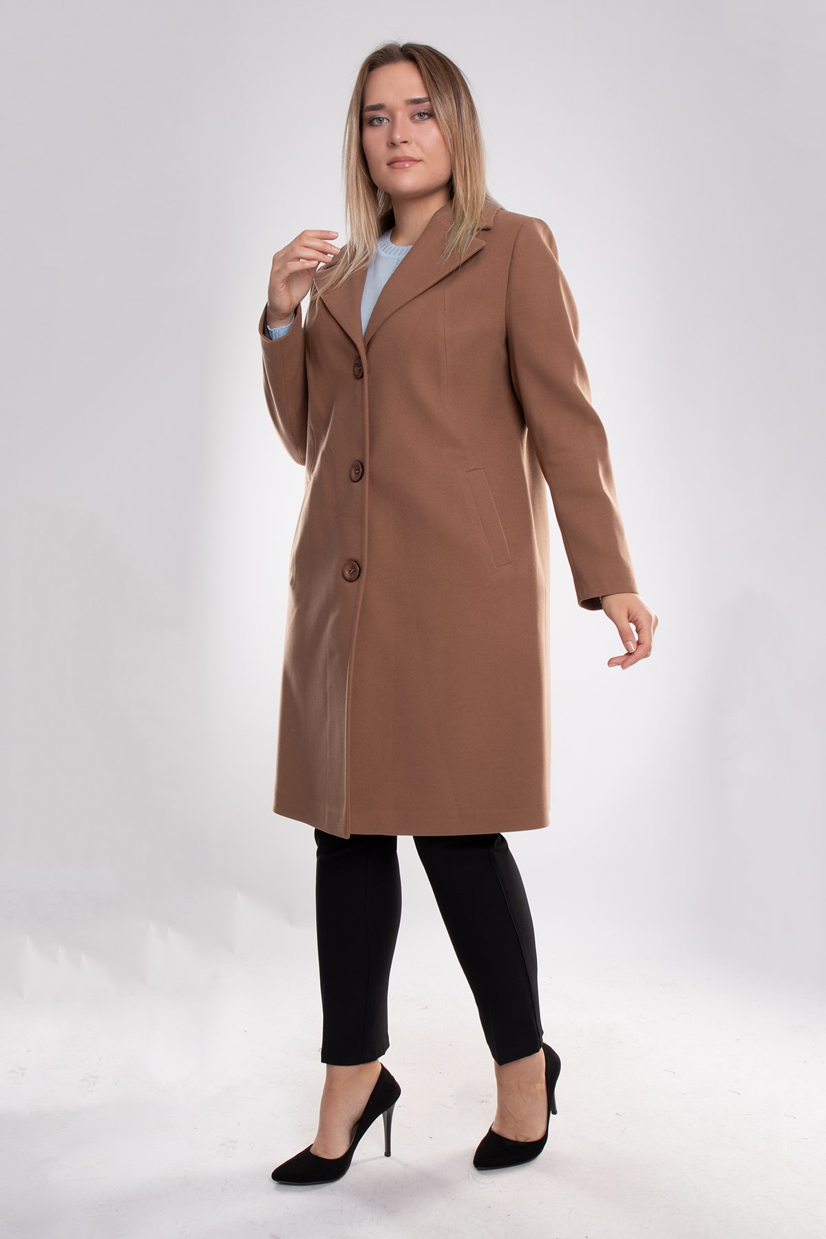 3857 Büyük Beden P.M. Düğmeli Erkek Yaka Midiboy Kadın Kaşe Kaban