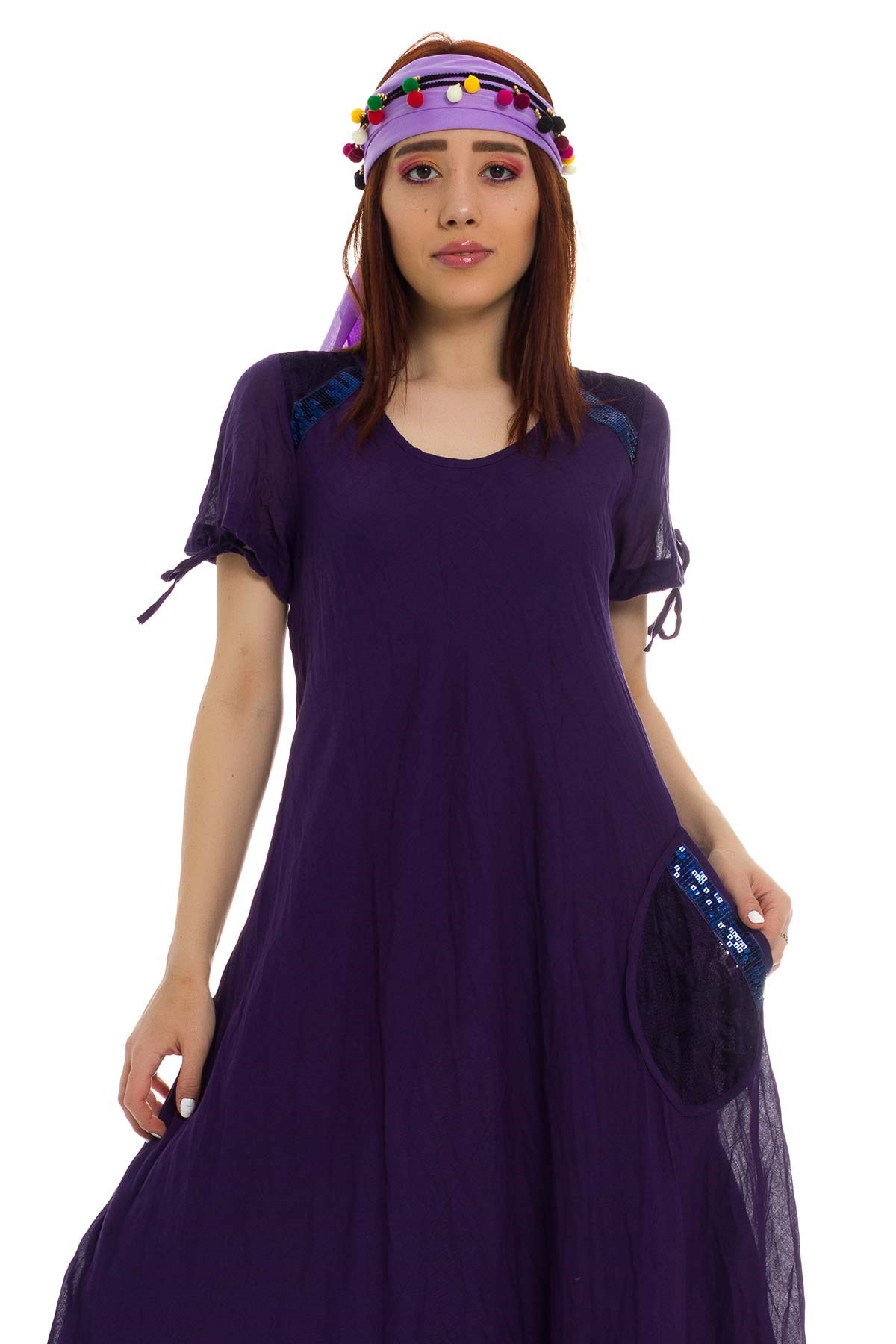 3859 BB Etek Ucu Dantel Pulpayetli Pamuklu Otantik Elbise