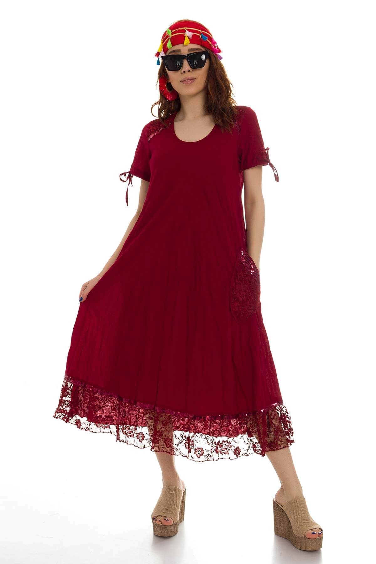 3859 BB Etek Ucu Dantel Pulpayetli Pamuklu Otantik Elbise