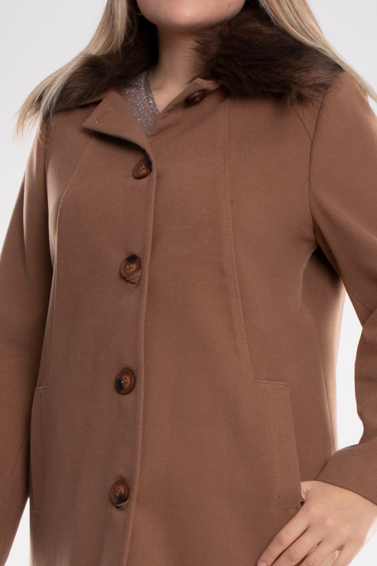 3861 Büyük Beden P.M. Yaka Kürklü Dikişli Midiboy Kadın Kaşe Kaban