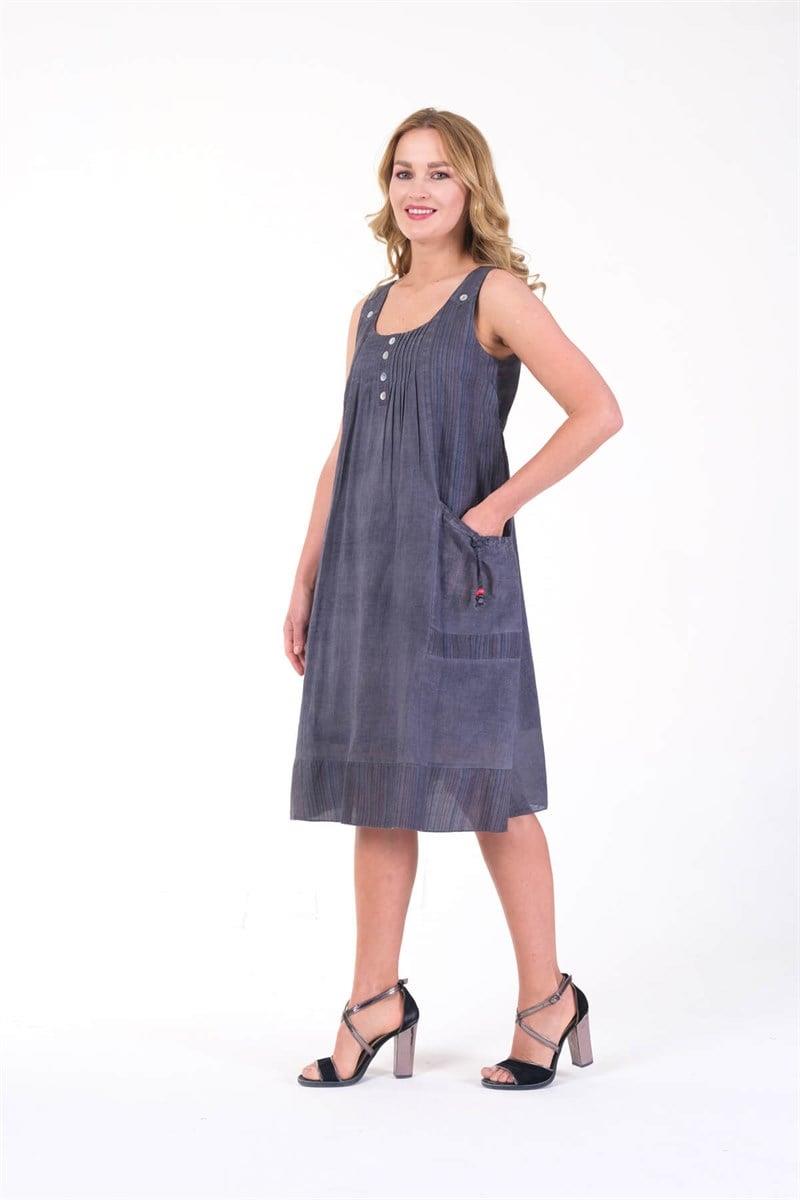 3864 Büyük Beden Kalın Askılı Cepli Pamuk Kadın Otantik Elbise