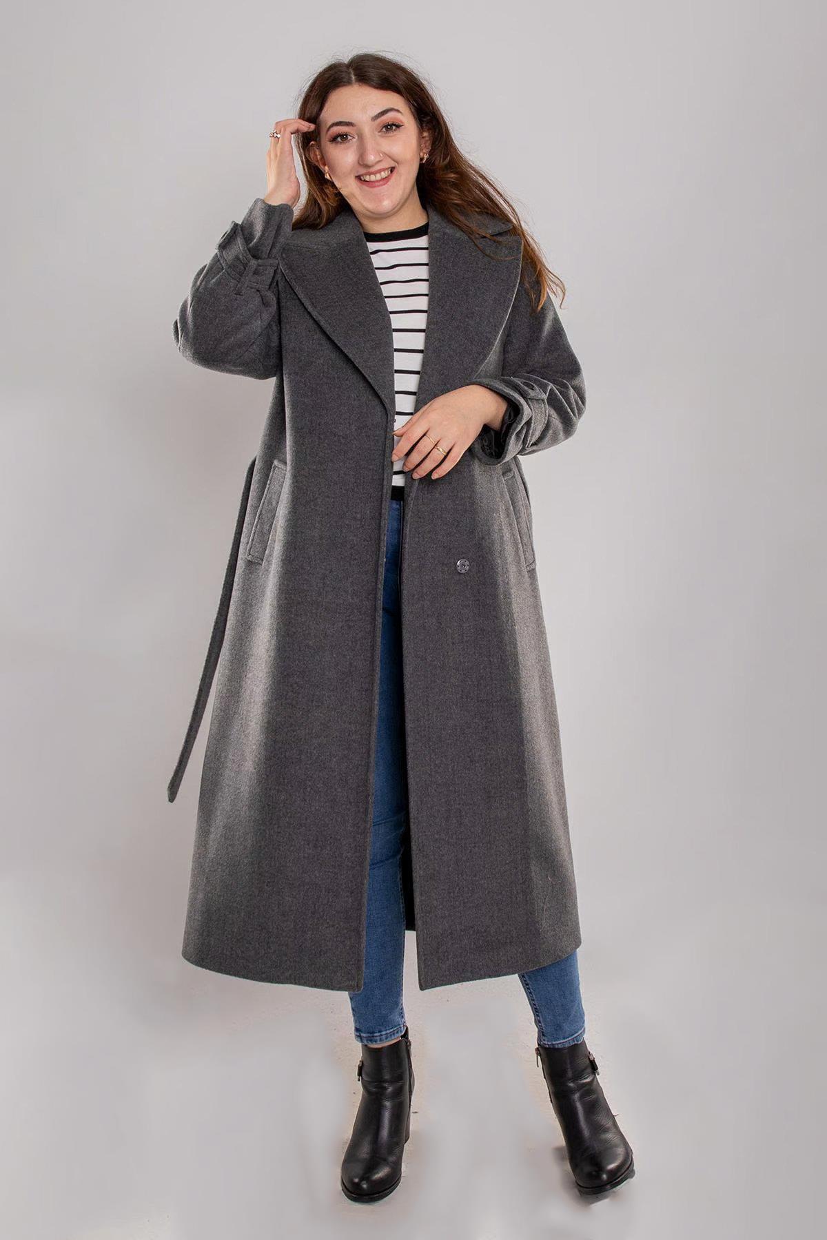 3933 Büyük Beden Kasha Beli Kuşaklı Apolet Detay Uzun Kaşe Pardesü