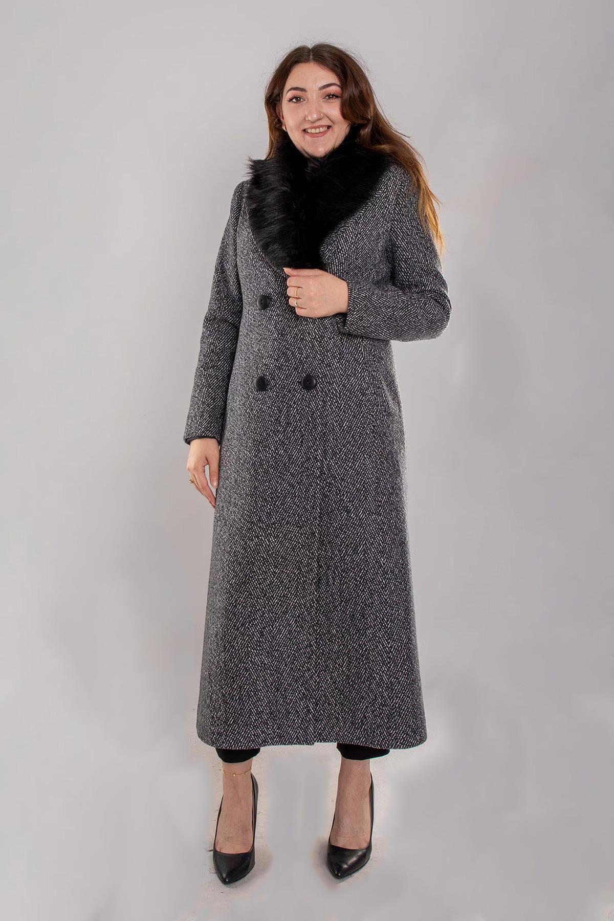 3937 Büyük Beden Oscar Kırçıllı Kruvaze Yaka Kürklü Uzun Kaşe Pardesü