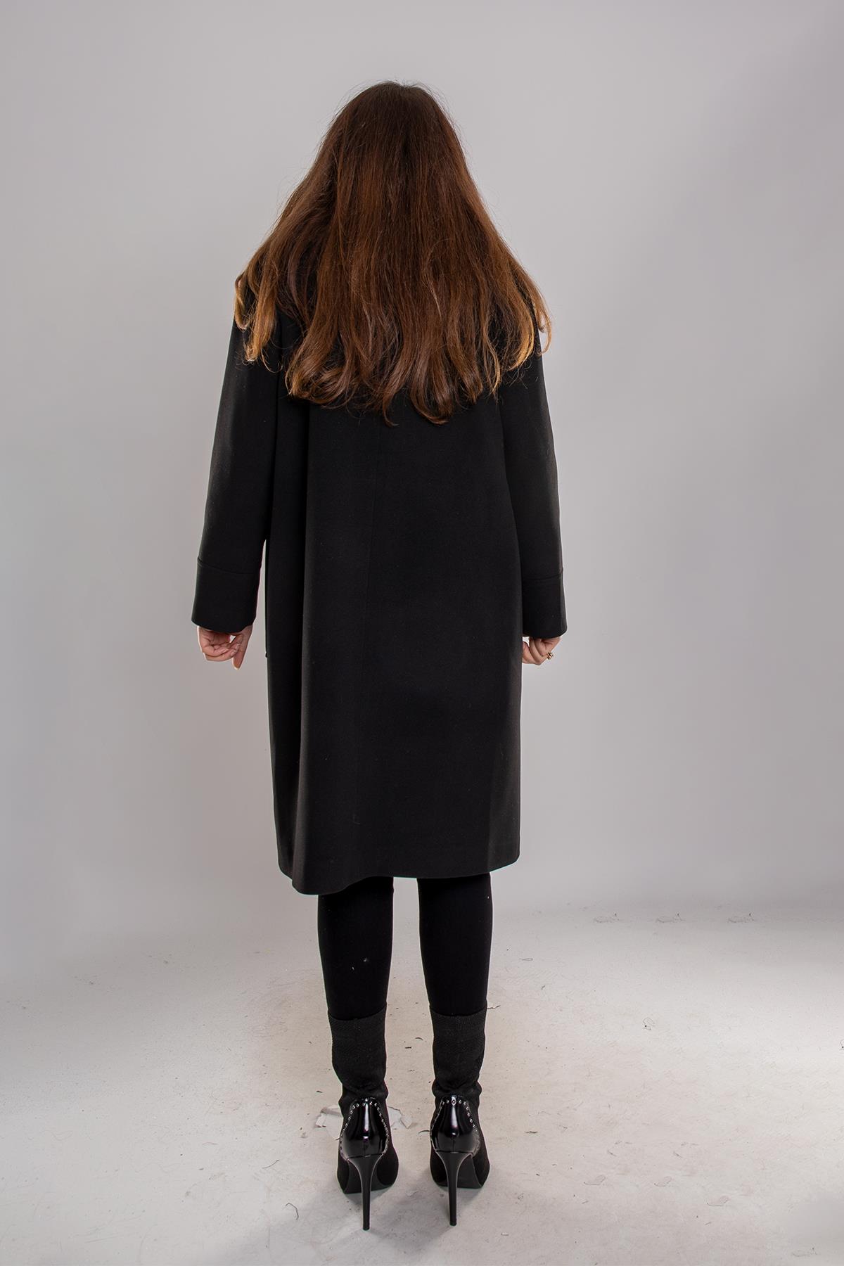 3950 Büyük Beden P.M. Yaka Kürklü Üst Cep Düğmeli Kaşe Kaban