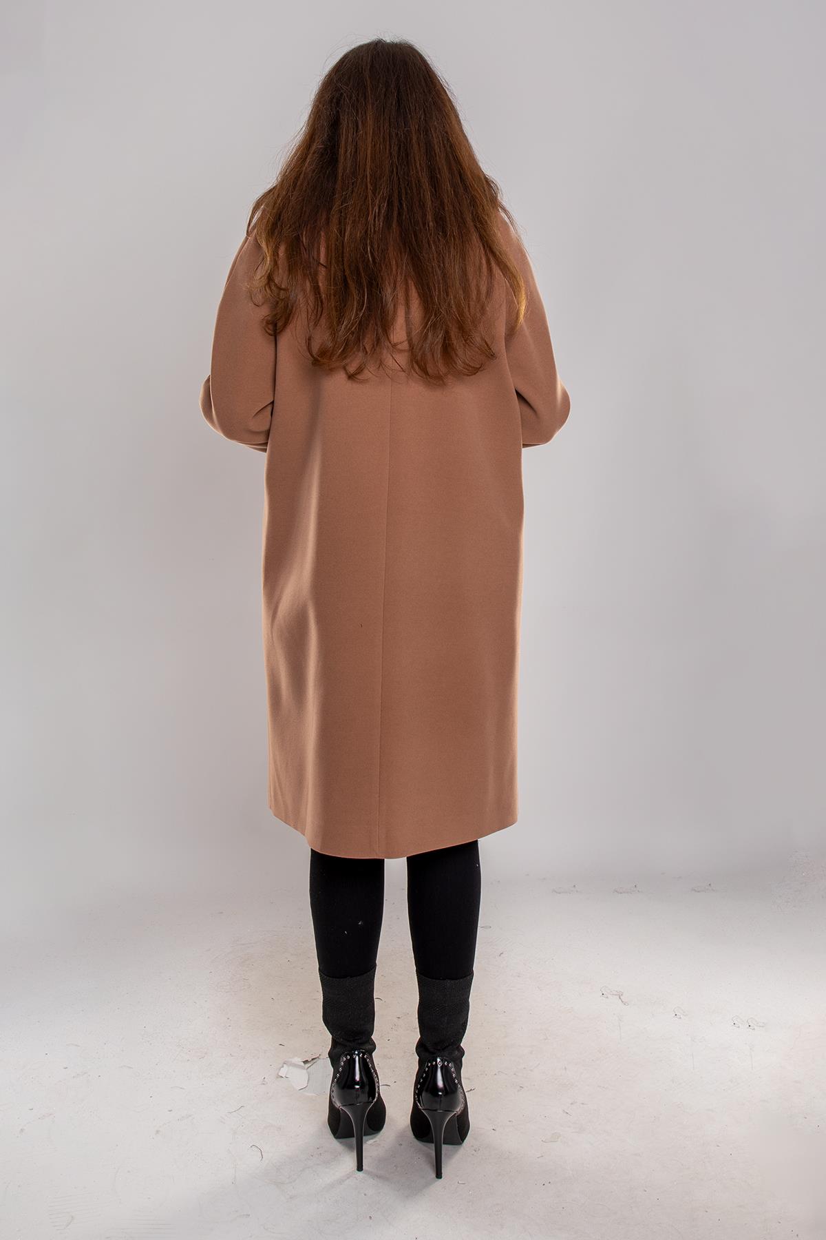 3950 Büyük Beden P.M. Yaka Kürklü Üst Cep Düğmeli Kaşe Kaban