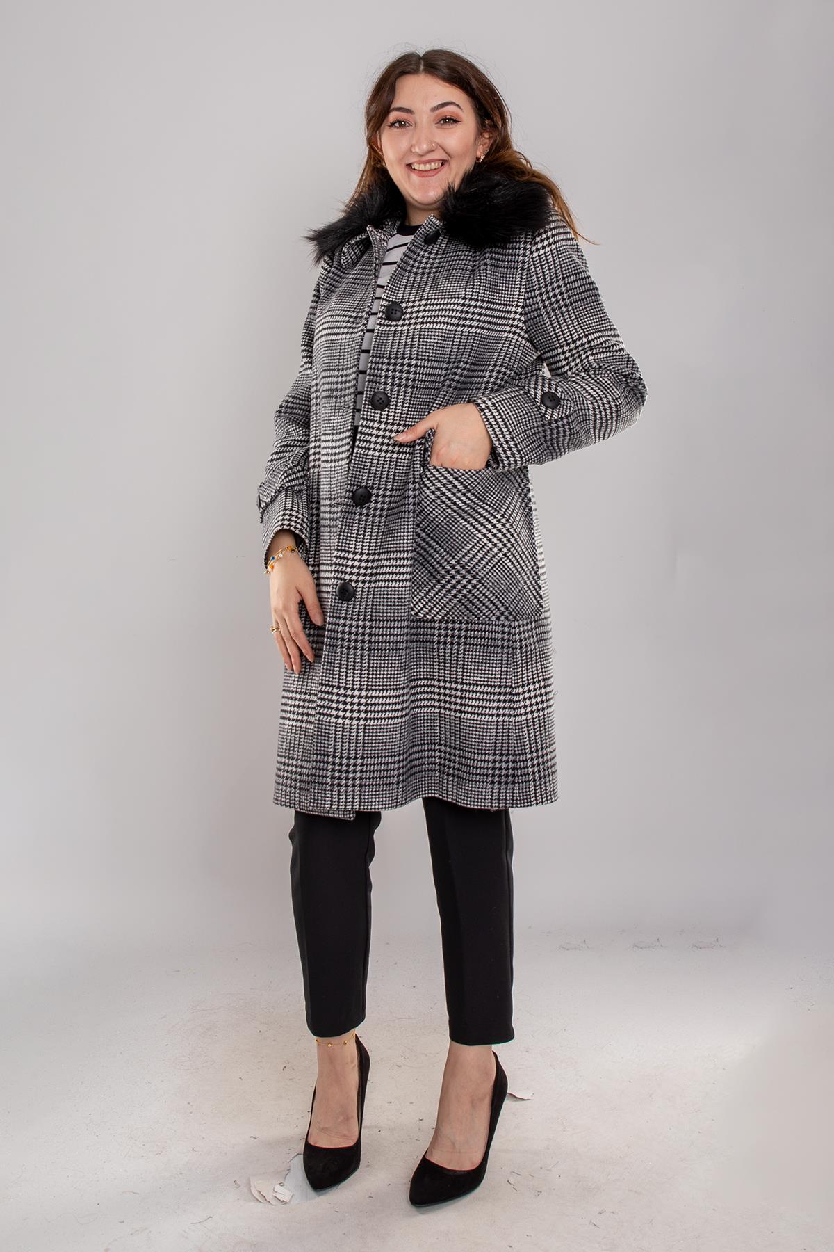 3979 Büyük Beden Arlo Üst Cepli Kazayağı Kuşaklı Yaka Kürklü Kaşe Kaban