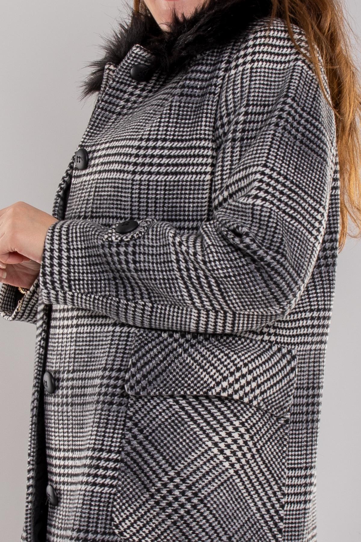 3979 Büyük Beden Arlo Üst Cepli Kazayağı Kuşaklı Yaka Kürklü Kaşe Kaban