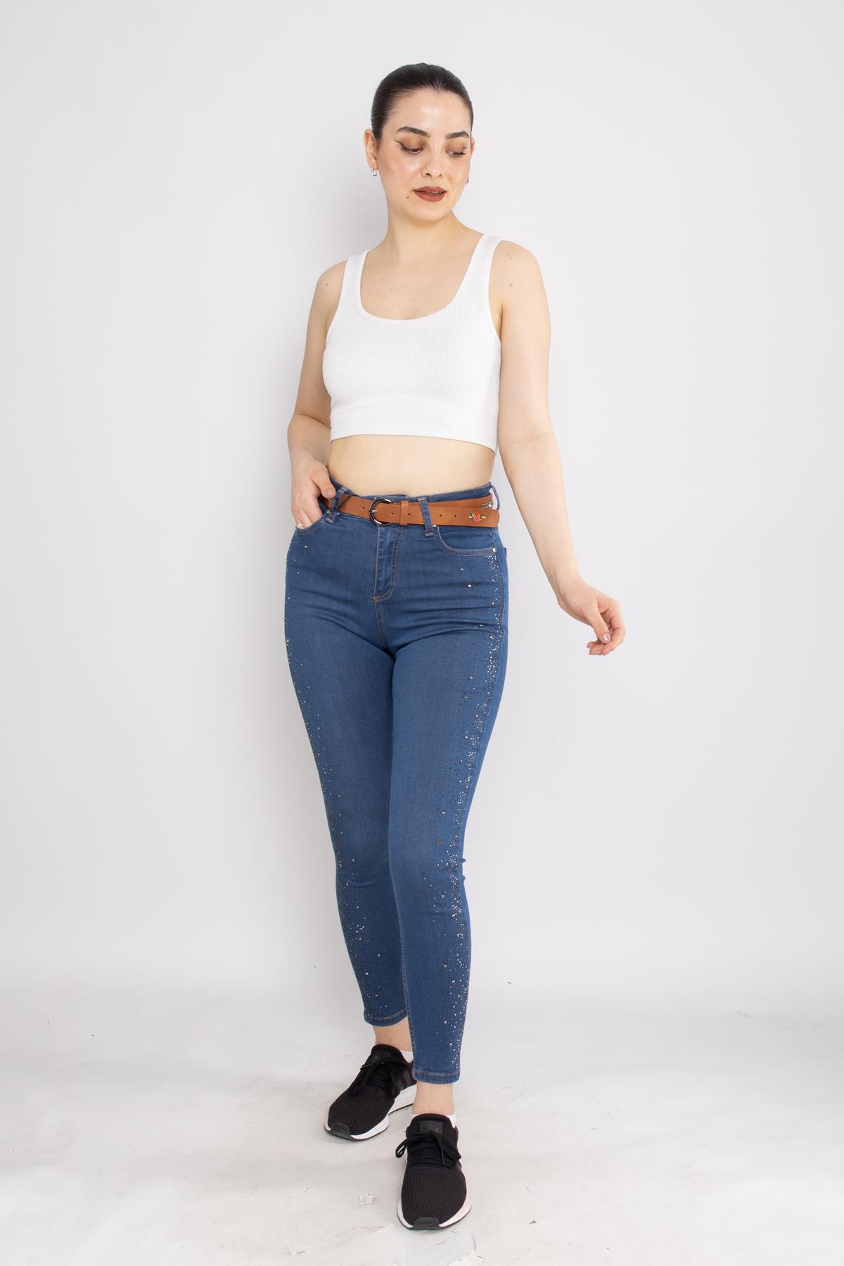 399 Narnia Yanı Serpme Taşlı Kadın Kot Pantolon