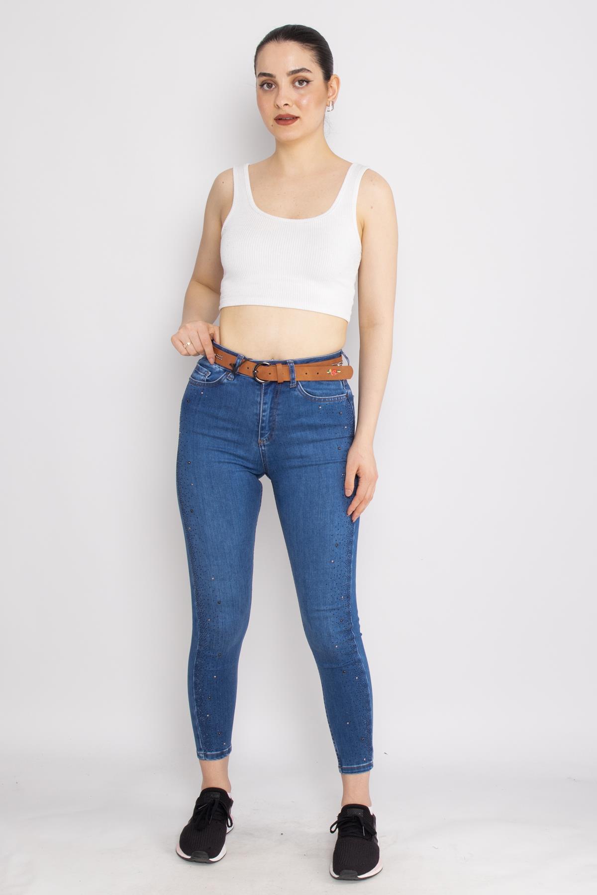 399 Narnia Yanı Serpme Taşlı Kadın Kot Pantolon