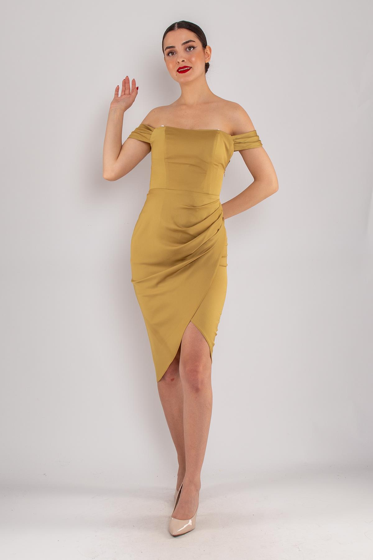 4014 Midiboy Kare Yaka Mendil Kol Saten Abiye Elbise