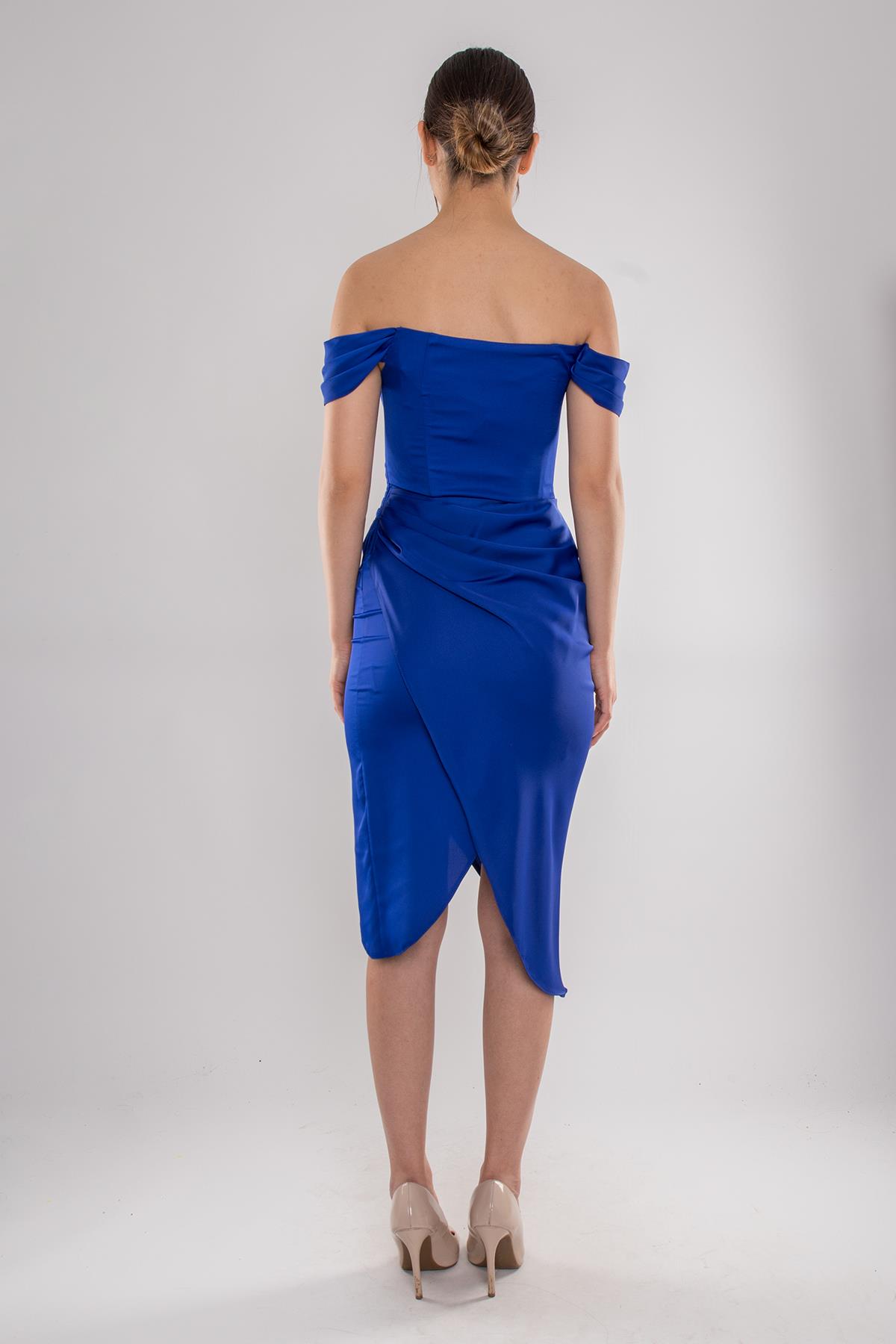 4014 Midiboy Kare Yaka Mendil Kol Saten Abiye Elbise