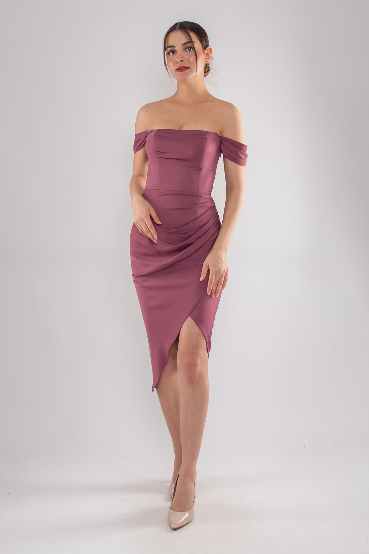 4014 Midiboy Kare Yaka Mendil Kol Saten Abiye Elbise