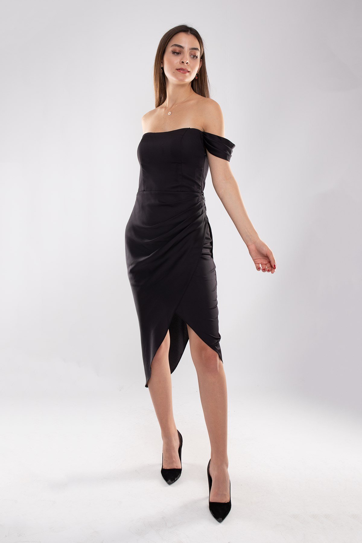 4014 Midiboy Kare Yaka Mendil Kol Saten Abiye Elbise