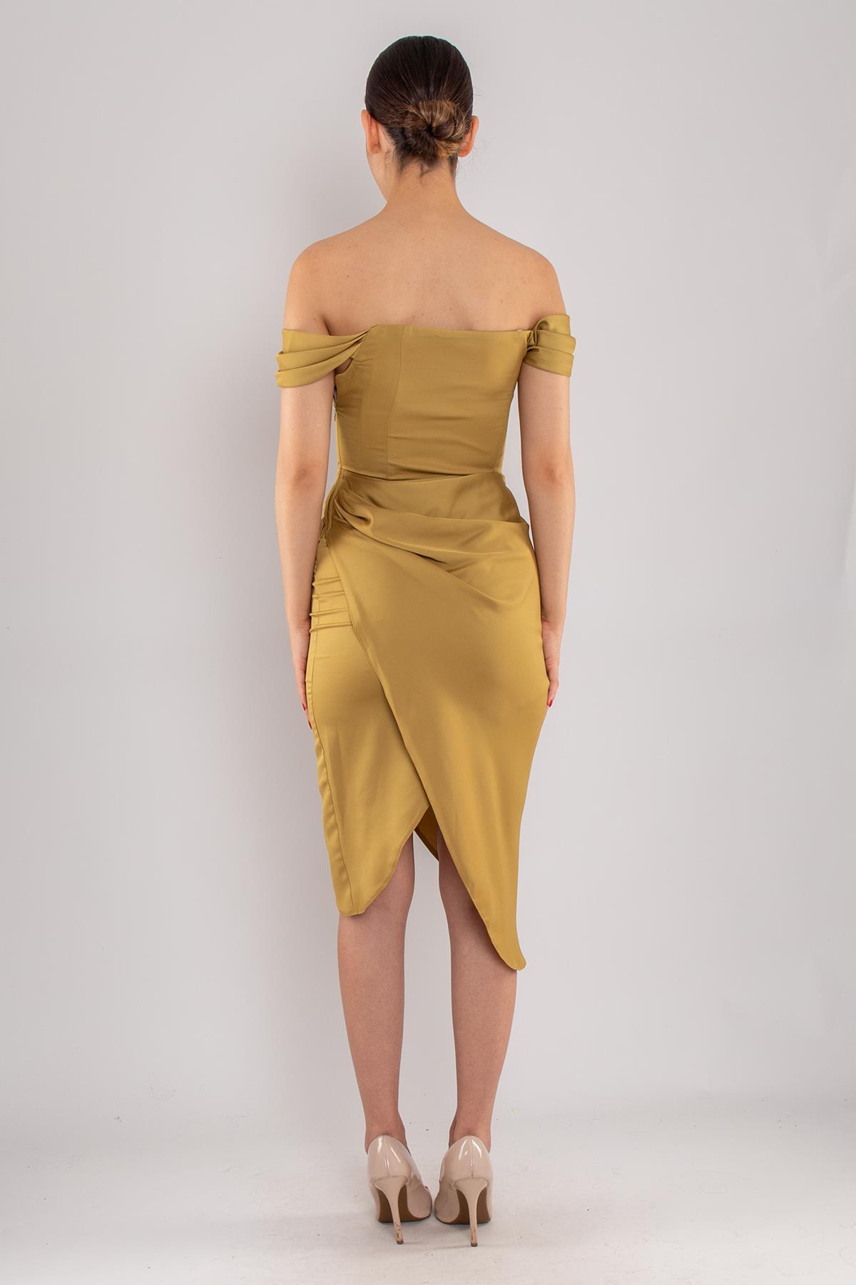 4014 Midiboy Kare Yaka Mendil Kol Saten Abiye Elbise