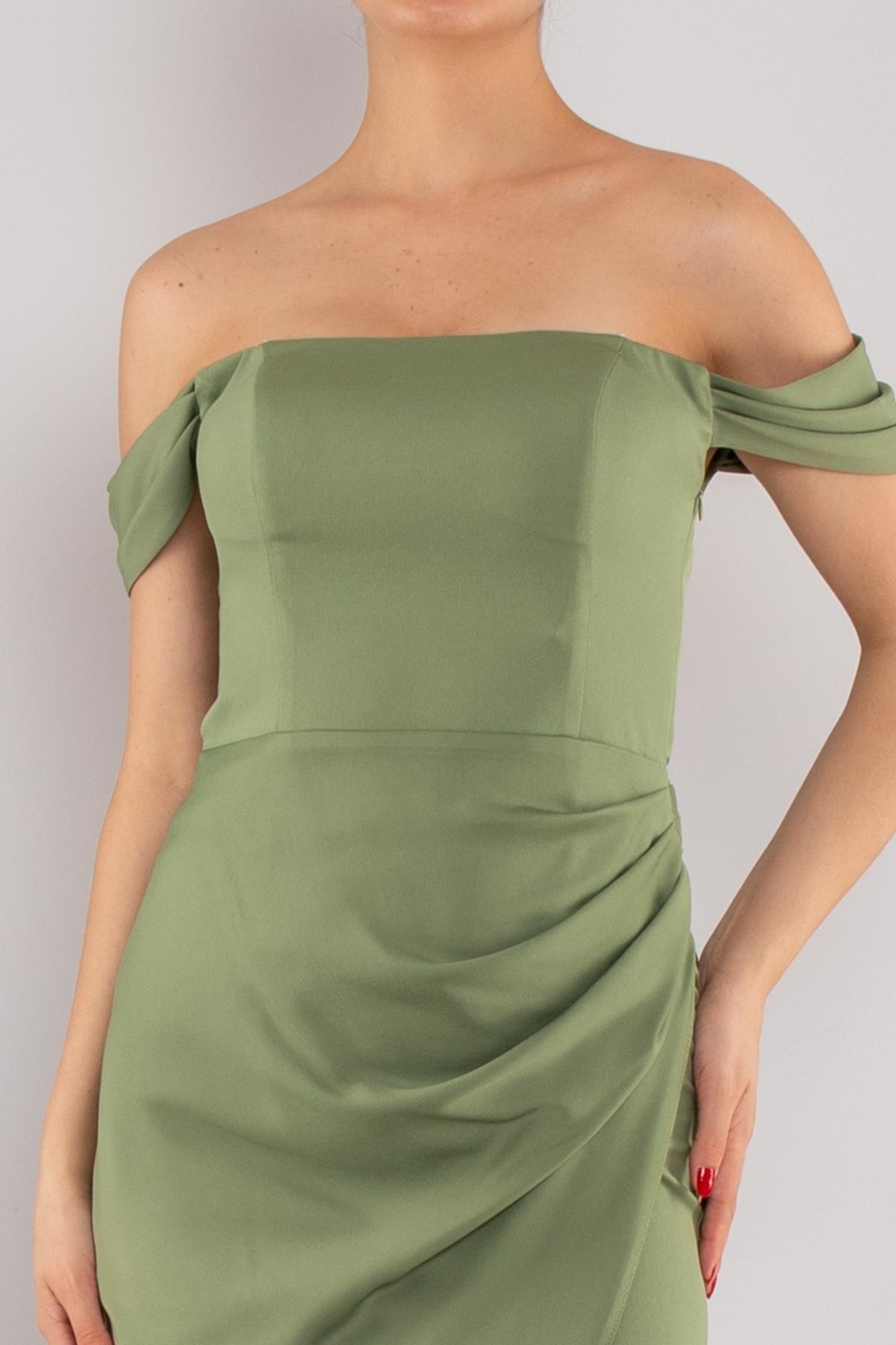 4014 Midiboy Kare Yaka Mendil Kol Saten Abiye Elbise