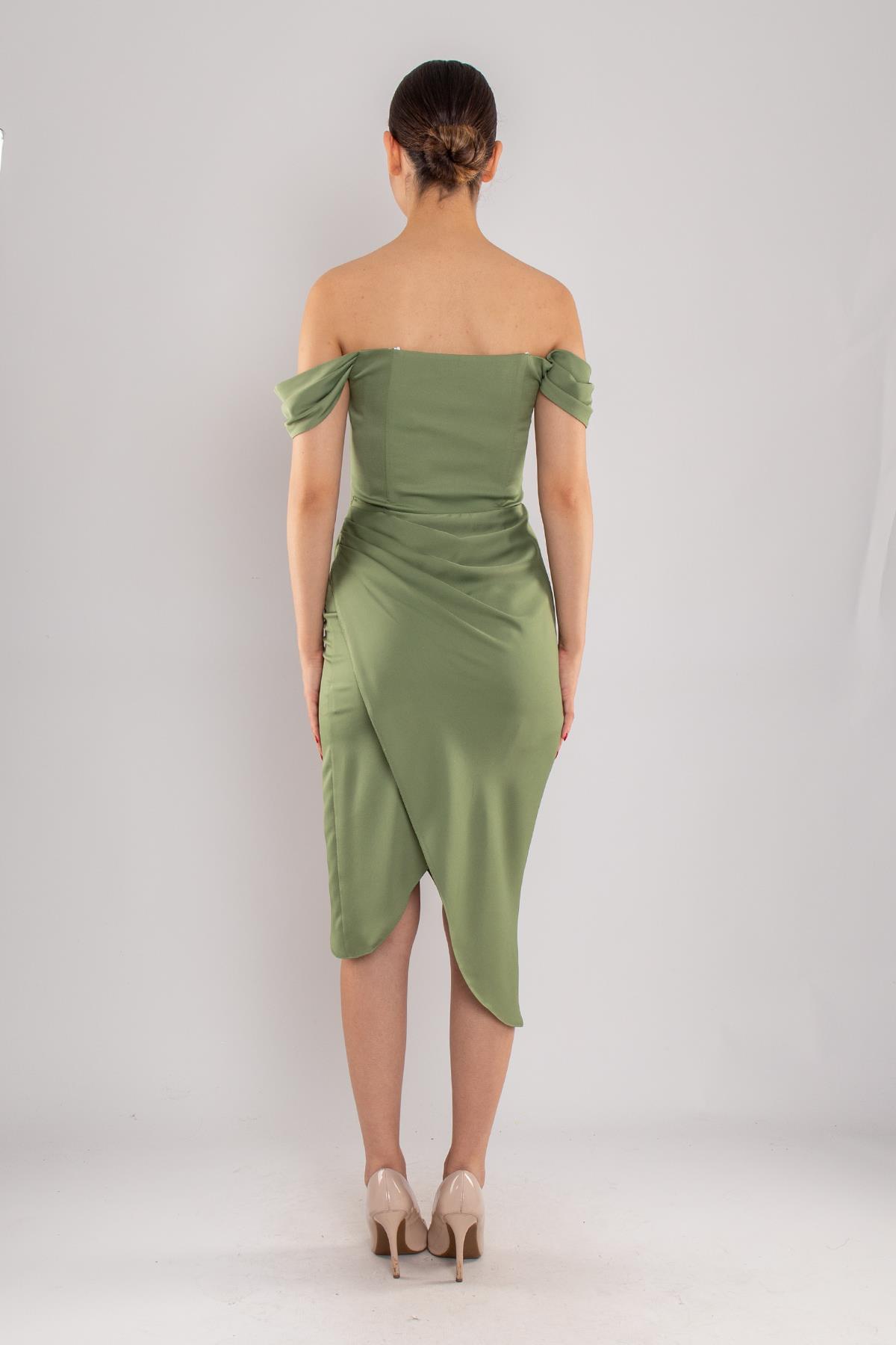 4014 Midiboy Kare Yaka Mendil Kol Saten Abiye Elbise