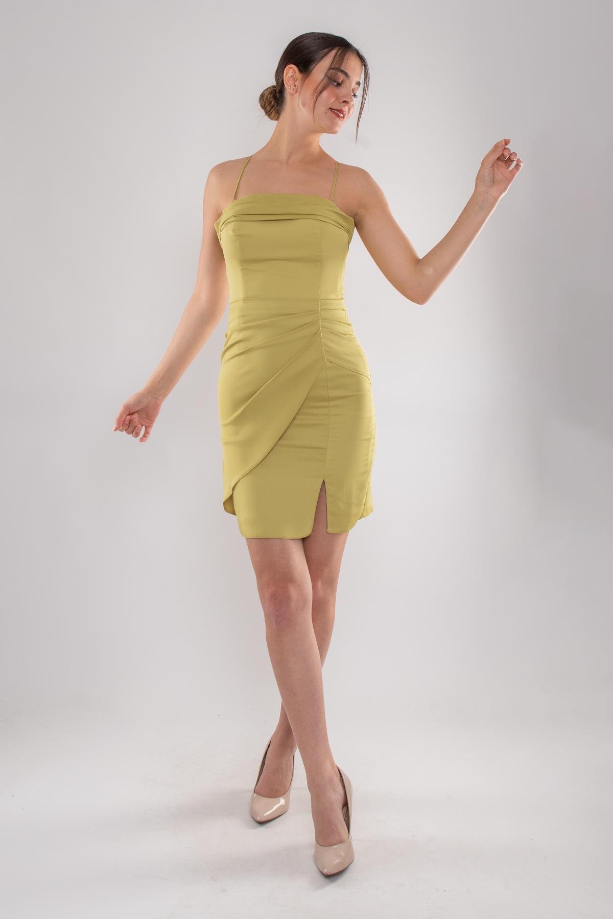 4017 Sırt İpli Degaje Yaka Kristal Kısa Elbise